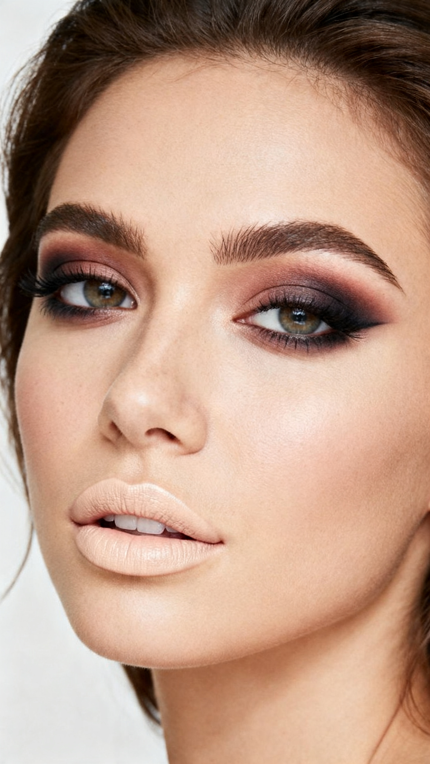 Super realistic close-up beauty portrait of a woman wearing reverse smoky eyes with bold lower lash line shadow, softly defined upper lid, bright under-eye area, soft nude cream lips, and natural brows, shot from a three-quarter view, with diffused beauty studio lighting that clearly reveals the makeup texture and color, realistic skin texture, softly styled hair, minimal background, feminine modern beauty photography, latest iPhone photo quality.