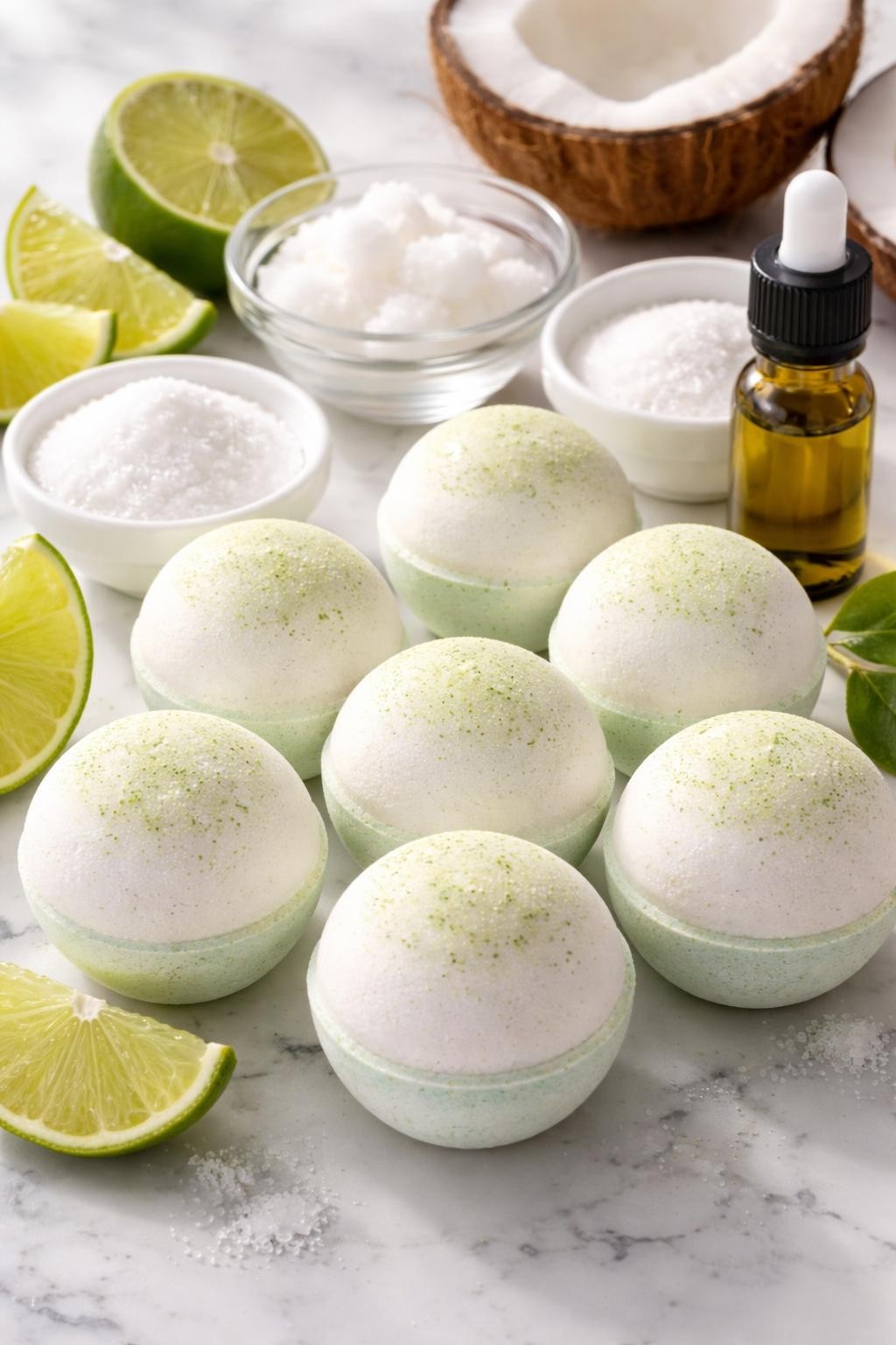 A realistic close-up photo of round coconut lime bath bombs with a pale white and light green finish on a clean white marble countertop table. Lime slices, a small dish of coconut oil, bowls of baking soda and citric acid, and a small bottle of lime essential oil are arranged neatly around the bath bombs. Bright natural light, crisp detail, realistic texture, clean minimal setup, strong focus on the fresh handmade bath bombs, no people, no text, (no watermarks on images)