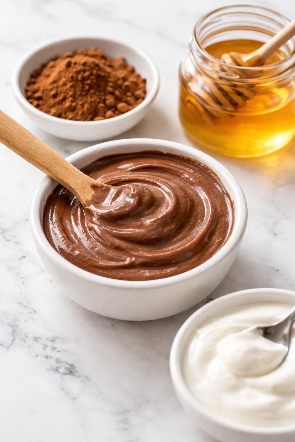A realistic close-up photo of a small bowl filled with honey cocoa face mask on a clean white marble countertop table. A small dish of cocoa powder, a jar of honey, and a spoonful of yogurt are arranged neatly around the bowl. Bright natural light, crisp detail, realistic texture, clean minimal setup, strong focus on the rich creamy mask texture, no people, no text, (no watermarks on images)