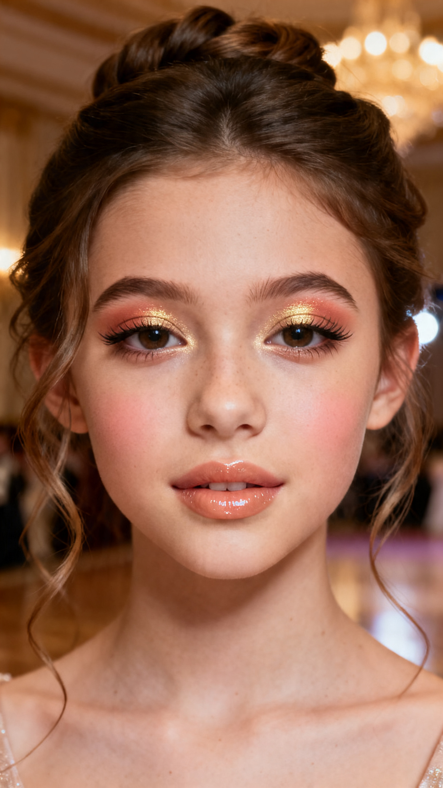 Super realistic close-up beauty portrait of a teen girl wearing classy soft glam prom makeup, featuring peach shimmer eyelids with warm beige crease blending, peach-gold blush on the cheeks and temples, warm gold highlight, peach beige glossy lips, naturally volumized lashes, polished brows, realistic skin texture with a radiant warm glow, shot from a front-facing beauty portrait, with flattering warm prom lighting that clearly reveals the monochrome tones, glow, and lip gloss, romantic updo with loose tendrils, blurred elegant ballroom background, feminine modern beauty photography, latest iPhone photo quality.
