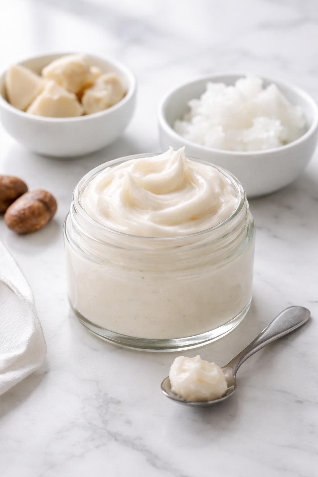 A realistic close-up photo of a small glass jar filled with soft shea butter leave-in conditioner on a clean white marble countertop table. Small bowls of shea butter, coconut oil, and a spoon are placed neatly around the jar. Bright natural light, crisp detail, realistic texture, clean minimal setup, strong focus on the creamy whipped conditioner texture, no people, no text, (no watermarks on images)