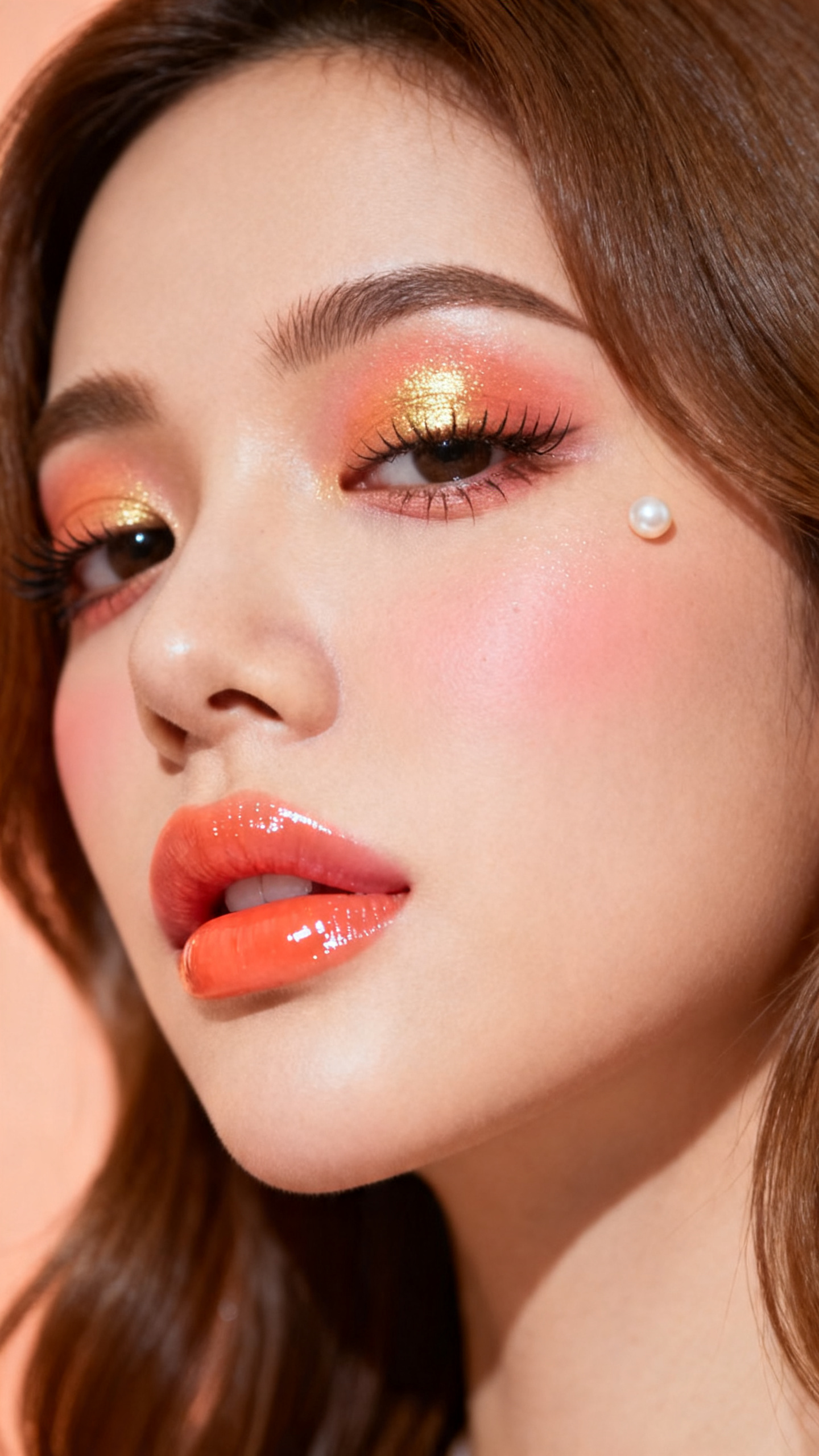  Super realistic close-up beauty portrait of a woman wearing frosted peach Y2K eyeshadow with soft gold center-lid shine, warm apricot pink blush, glossy coral lips with strong reflective shine, wispy separated lashes, pearl-like highlighter on the cheekbones, slim shaped brows, realistic glowing skin texture, shot from a three-quarter portrait angle, with warm diffused flash lighting that clearly reveals the frosted peach finish, coral gloss, and soft golden highlight, smooth blowout hair framing the face, softly blurred peach-toned background, feminine modern beauty photography, latest iPhone photo quality.