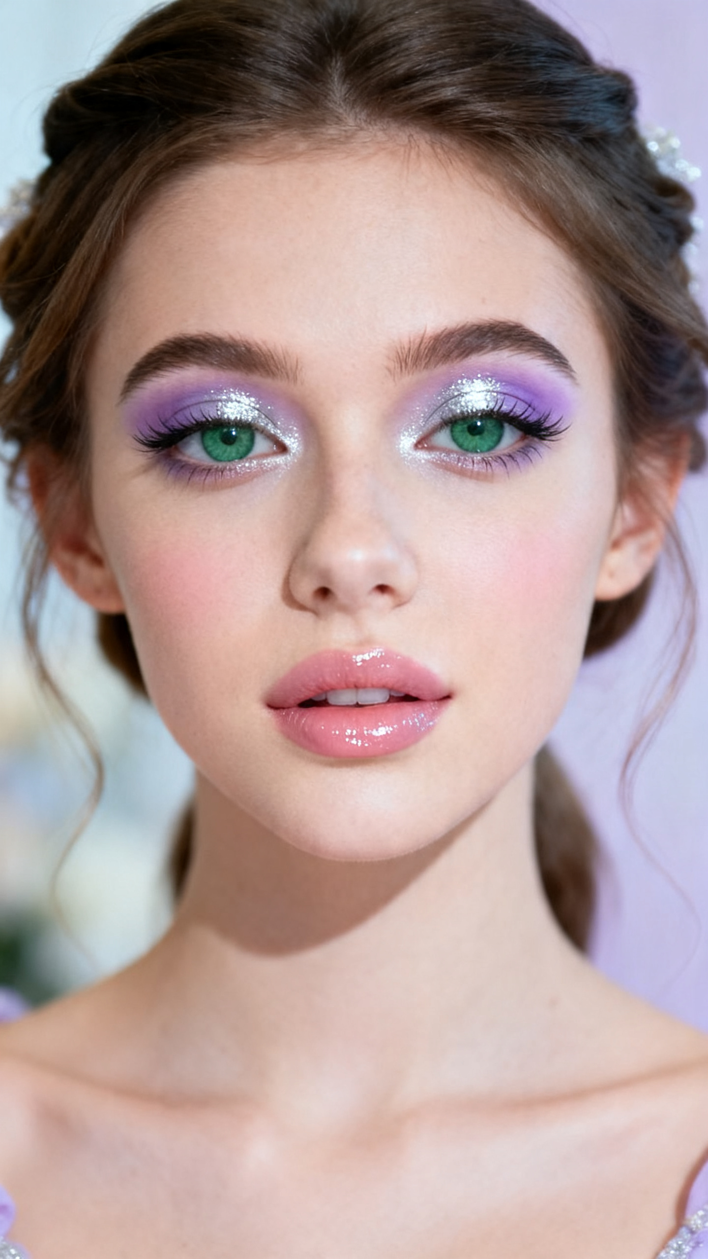 Super realistic close-up beauty portrait of a young woman with vivid green eyes wearing cute prom makeup, featuring pale lilac eyeshadow washed over the lids, silver shimmer concentrated at the center, cool taupe crease blending, white shimmer inner-corner brightness, long lifted lashes, cool pink-beige blush, milky nude pink glossy lips, polished brows, realistic skin texture with a fresh radiant finish, shot from a front-facing close-up, with cool diffused beauty lighting that clearly reveals the silver-lilac shimmer, green eyes, glossy lips, and skin texture, soft half-up romantic hairstyle, blurred pastel elegant background, feminine modern beauty photography, latest iPhone photo quality.