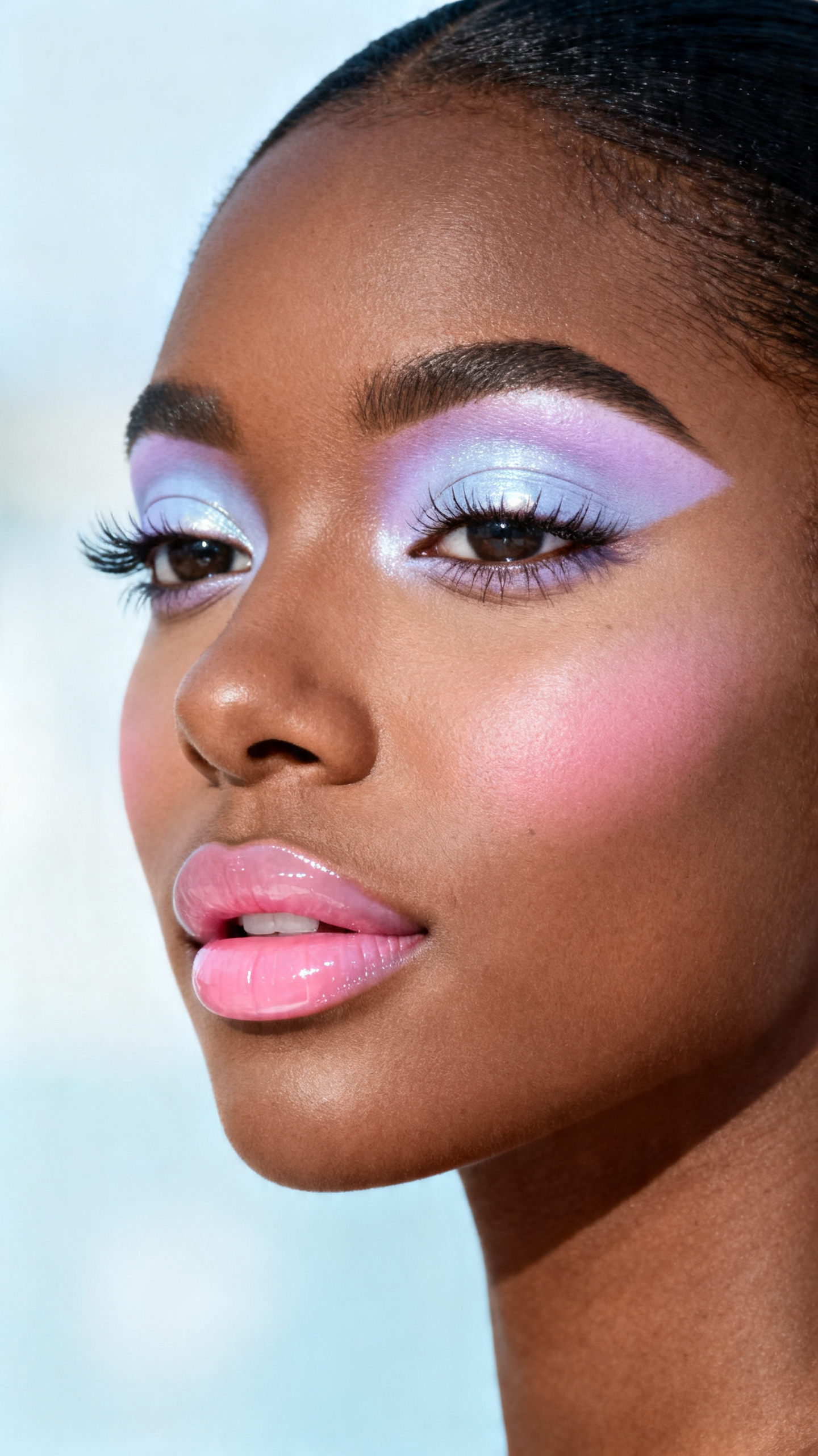 Super realistic close-up beauty portrait of a black woman wearing soft matte periwinkle eyeshadow across the lids with pale lavender diffused edges, icy pearl inner-corner highlight, cool pink blush, pink jelly glossy lips, fluttery lifted lashes, softly shaped brows, realistic skin texture with a fresh satin finish, shot from a three-quarter beauty angle, with bright diffused daylight-style lighting that clearly reveals the matte periwinkle color, pink gloss shine, and soft skin finish, smooth tucked-back hair, softly blurred pastel background, feminine modern beauty photography, latest iPhone photo quality.