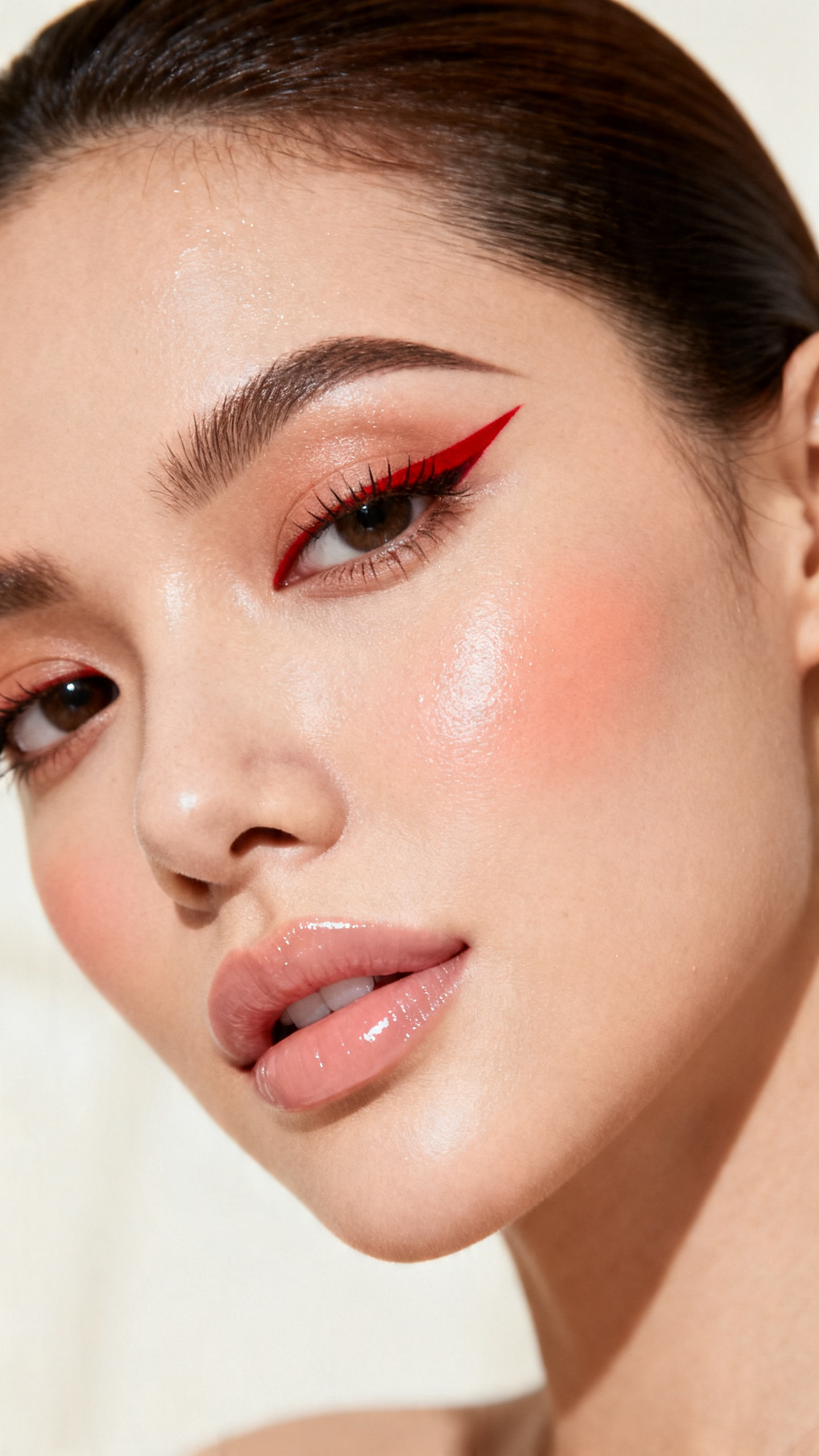 Super realistic close-up beauty portrait of a woman wearing a sharp true-red winged eyeliner on otherwise clean lids, dewy natural skin, soft peach-nude blush, pale nude pink glossy lips, clean separated lashes, polished natural brows, realistic skin texture with a hydrated glow, shot from a three-quarter beauty angle, with diffused beauty lighting that clearly reveals the red liner shape, glossy skin finish, and lip shine, sleek tucked hair, softly blurred ivory background, feminine modern beauty photography, latest iPhone photo quality.