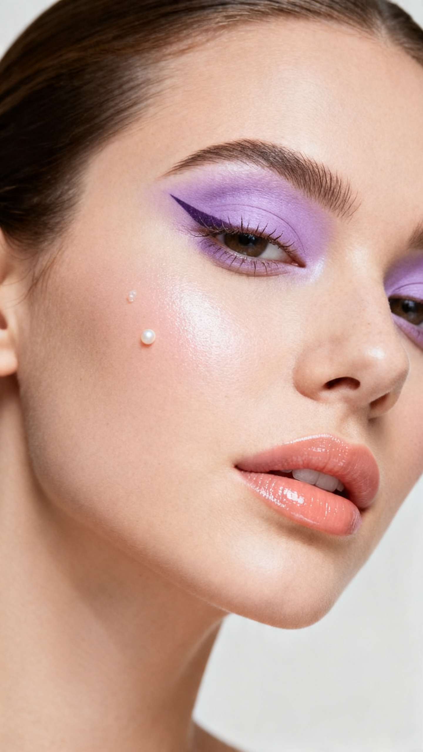Super realistic close-up beauty portrait of a woman wearing pastel purple matte eyeshadow with a lifted winged liner, soft glowing skin, pearl highlight on the cheekbones, peach-pink glossy lips, softly shaped brows, and delicate lashes, shot from a three-quarter view, with diffused beauty studio lighting that clearly reveals the wing shape, pastel purple color, and skin glow, realistic skin texture, sleek hair tucked back, minimal soft backdrop, feminine modern beauty photography, latest iPhone photo quality (no watermarks on images).