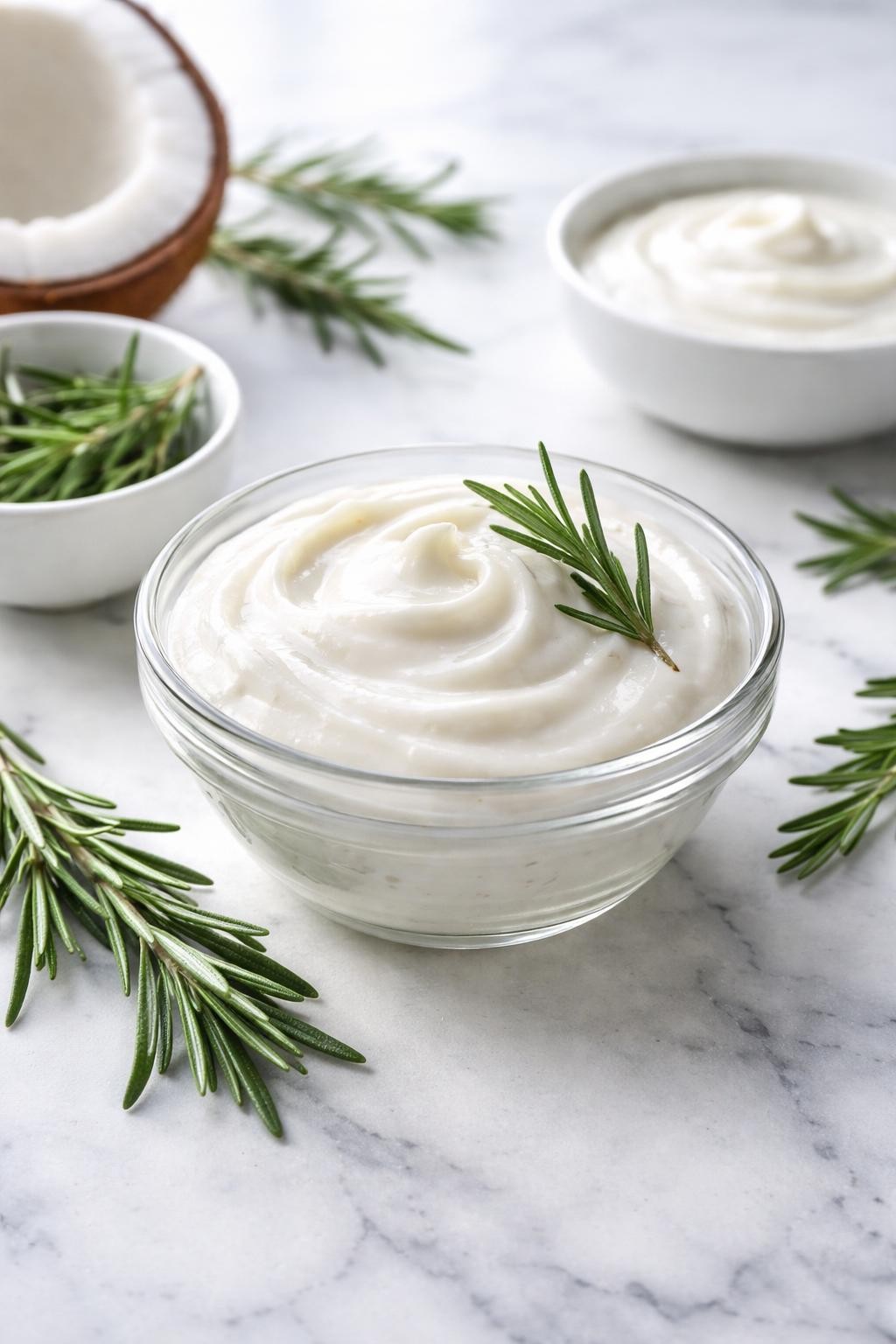 A realistic close-up photo of a small glass bowl filled with rosemary coconut hair conditioner on a clean white marble countertop. Fresh rosemary sprigs, a small bowl of coconut milk, and a dish of conditioner base are arranged neatly around the bowl. Bright cool-toned natural light, crisp detail, realistic texture, clean minimal setup, strong focus on the creamy conditioner mixture and fresh herb styling, no people, no text, (no watermarks on images)