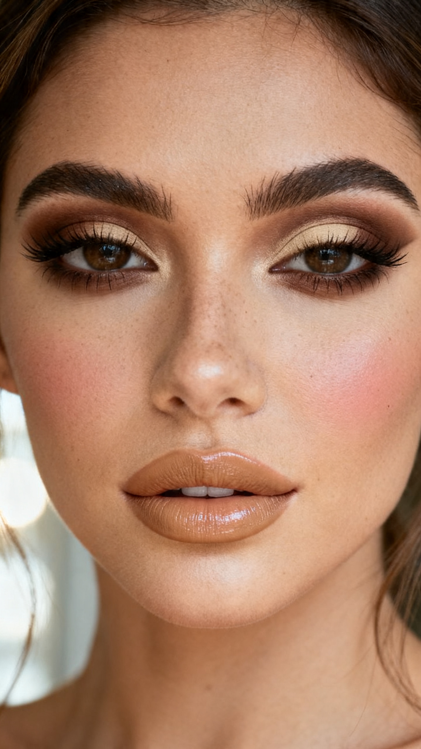 Super realistic close-up beauty portrait of a woman wearing deep chocolate smoky eyes with soft beige blending, espresso liner, full lashes, soft cinnamon nude blush, glossy beige nude lips, and shaped brows, shot from a front-facing portrait, with soft vanity lighting that clearly reveals the makeup texture and color, realistic skin texture, softly styled hair, minimal background, feminine modern beauty photography, latest iPhone photo quality.