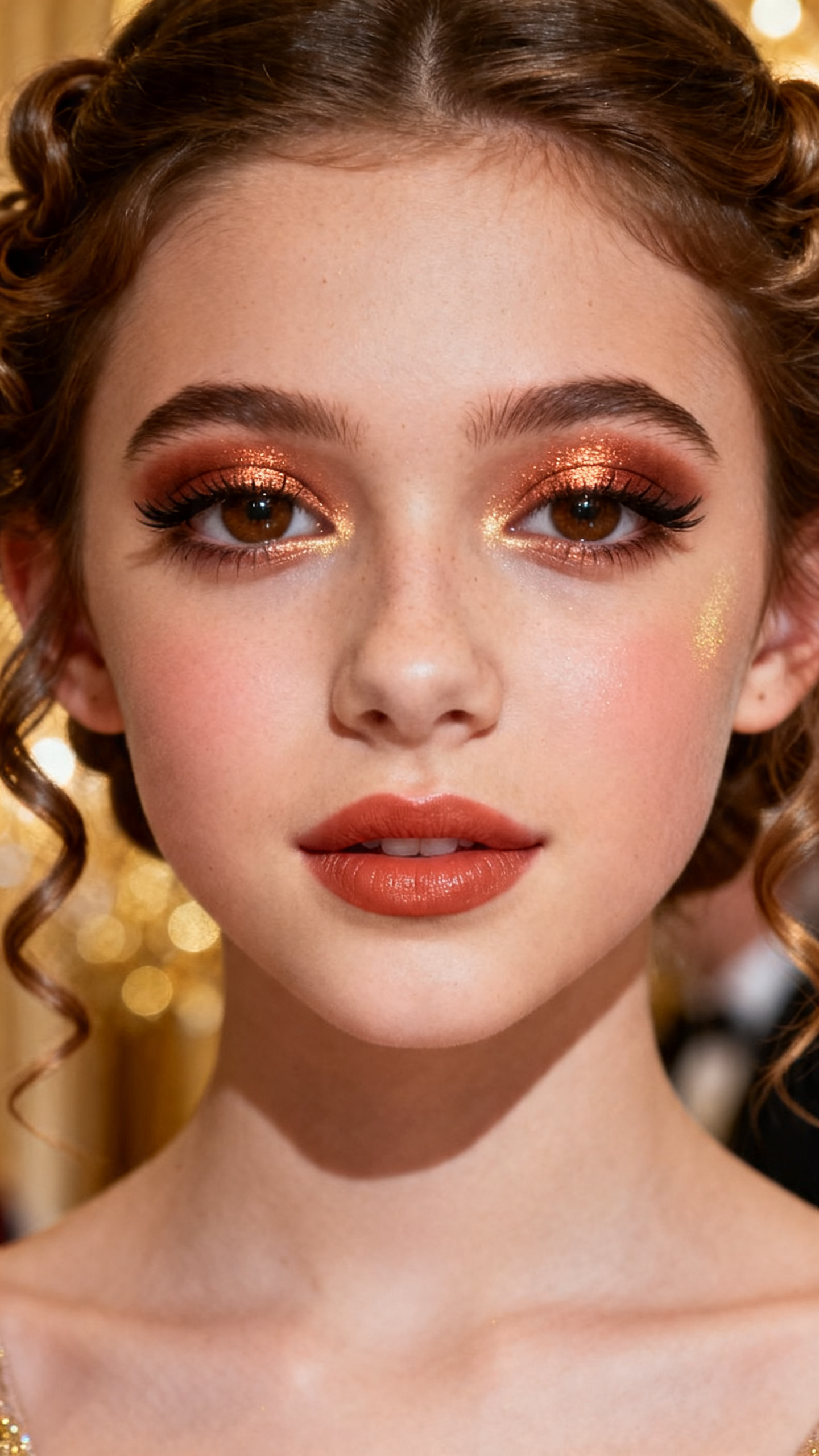 Super realistic close-up beauty portrait of a teenage woman with brown eyes wearing cute prom makeup, featuring luminous copper shimmer eyeshadow over the lids, cinnamon crease blending, warm espresso liner, curled full lashes, warm terracotta-peach blush, soft terracotta nude lips, softly highlighted skin texture with a golden glow, refined brows, shot from a front-facing beauty portrait, with warm diffused lighting that clearly reveals the copper eye shine, cheek warmth, and soft lip color, elegant curled hairstyle, blurred golden formal-event background, feminine modern beauty photography, latest iPhone photo quality.