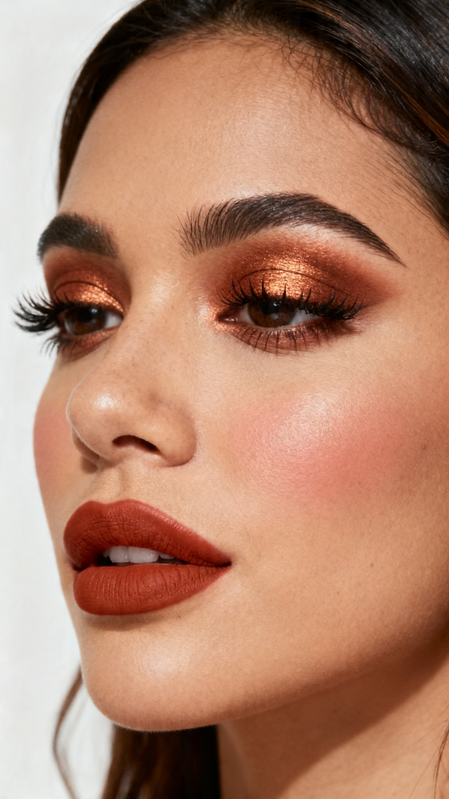 Super realistic close-up beauty portrait of a latina woman wearing copper eye makeup with cinnamon-brown blending, warm terracotta blush, terracotta satin lips, volumized lashes, and softly groomed brows, shot from a three-quarter view, with diffused beauty studio lighting that clearly reveals the makeup texture and color, realistic skin texture, softly styled hair, minimal background, feminine modern beauty photography, latest iPhone photo quality.