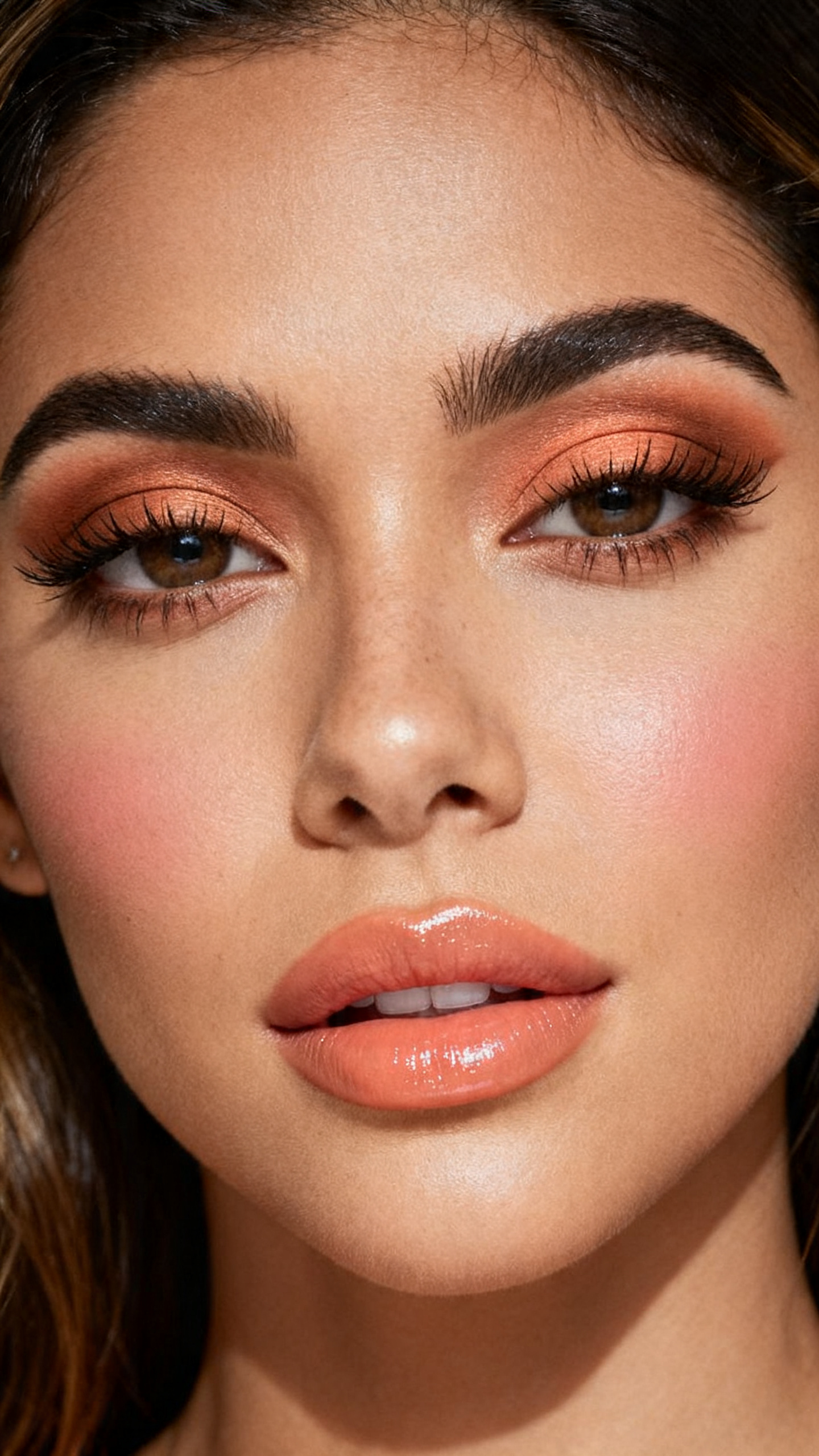 Super realistic close-up beauty portrait of a latina woman wearing soft peach eye makeup with warm brown liner, soft peach blush, peach nude glossy lips, fluttery lashes, and smooth glowing skin, shot from a front-facing portrait, with soft vanity lighting that clearly reveals the makeup texture and color, realistic skin texture, softly styled hair, minimal background, feminine modern beauty photography, latest iPhone photo quality.