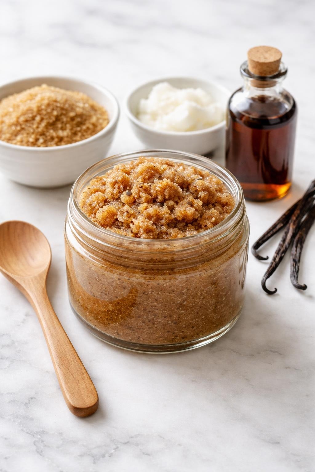 A realistic close-up photo of a glass jar filled with brown sugar vanilla body scrub on a clean white marble countertop table. A small bowl of brown sugar, a dish of coconut oil, a bottle of vanilla extract, and a wooden spoon are placed neatly around the jar. Bright natural light, crisp detail, realistic texture, clean minimal setup, strong focus on the scrub texture and jar, no people, no text, (no watermarks on images)