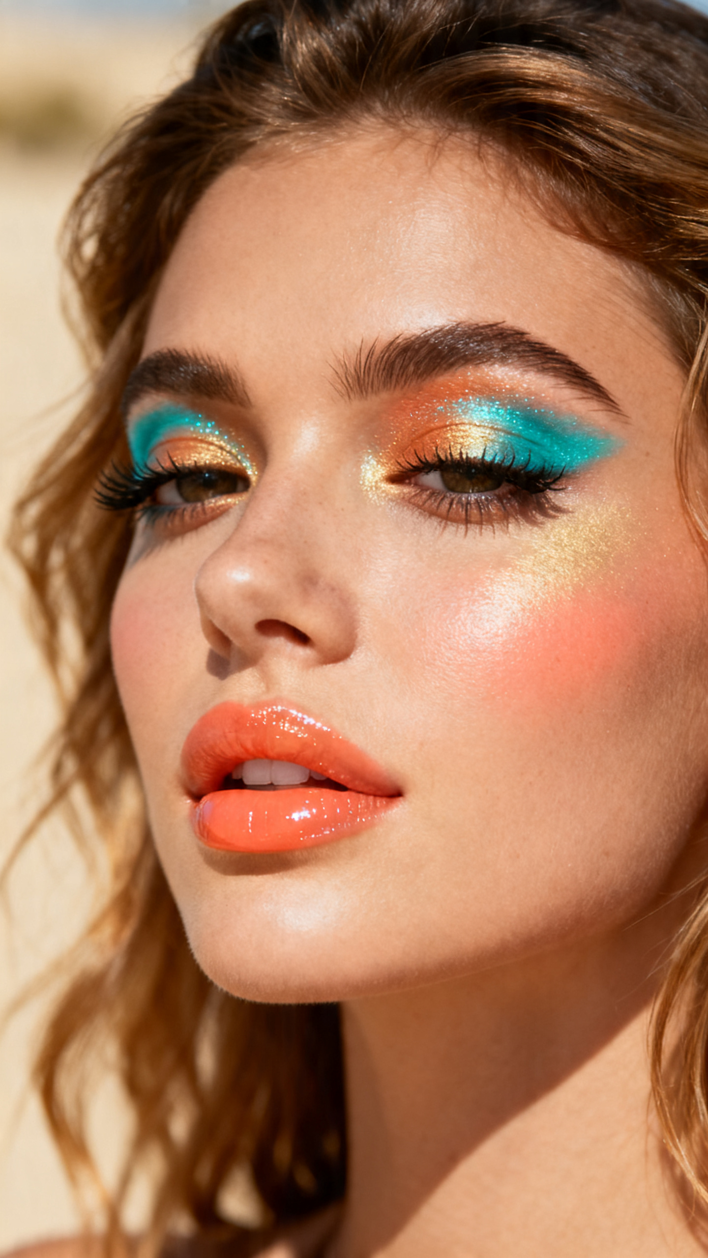 Super realistic close-up beauty portrait of a woman wearing bright turquoise shimmer eyeshadow across the lids with soft teal-blue outer-corner depth and warm tan crease blending, lively coral-peach blush, soft gold highlight, peach-coral glossy lips, lifted curled lashes, softly shaped brows, realistic skin texture with a radiant warm glow, shot from a three-quarter portrait angle, with warm diffused studio lighting that clearly reveals the turquoise shimmer, coral cheeks, and lip gloss shine, soft beachy waves, blurred sunlit beige background, feminine modern beauty photography, latest iPhone photo quality.