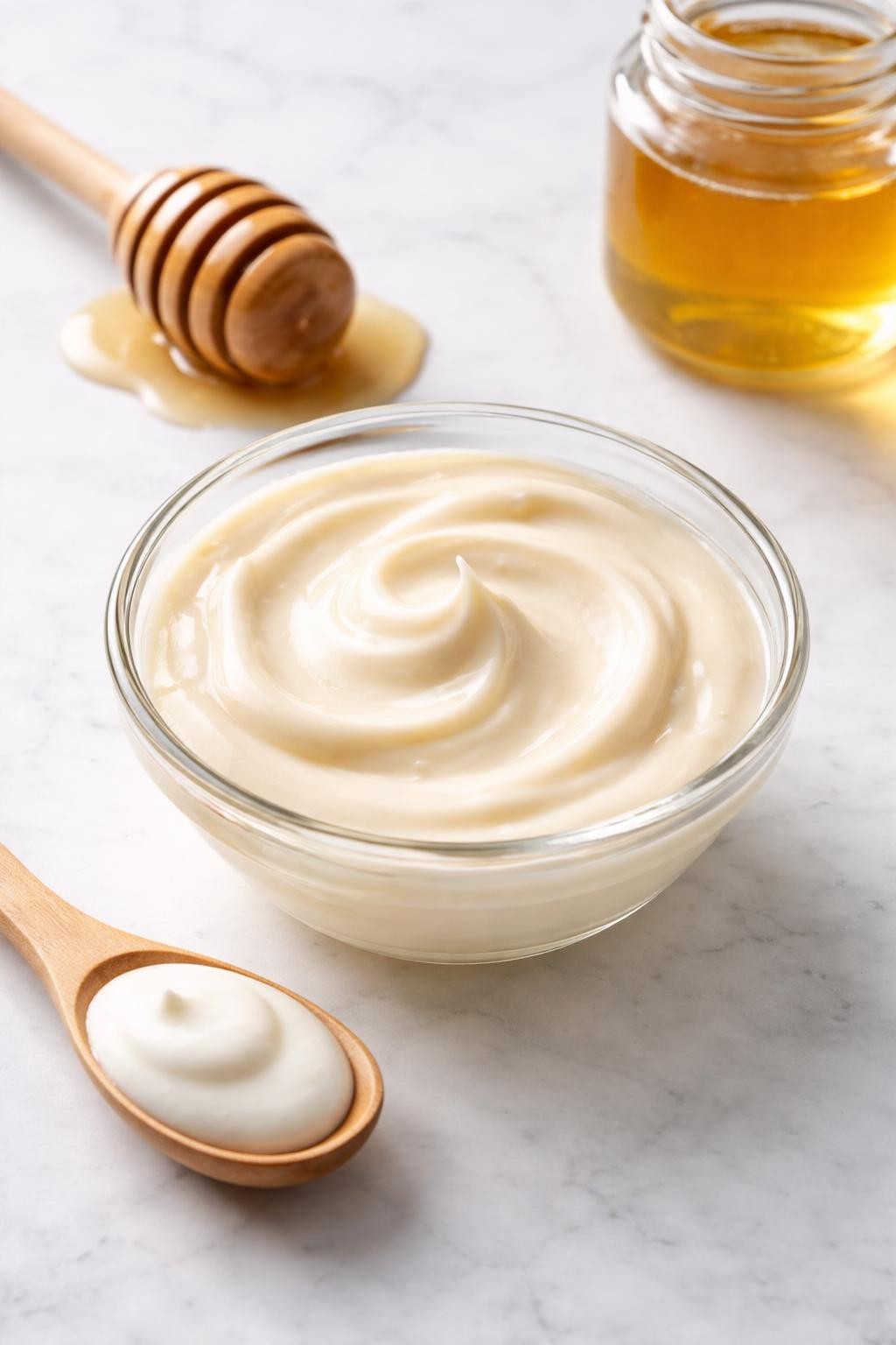 A realistic close-up photo of a small glass bowl filled with creamy honey yogurt face mask on a clean white marble countertop table. A wooden honey dipper, a spoonful of plain yogurt, and a small jar of honey are placed neatly around the bowl. Bright natural light, crisp detail, realistic texture, clean minimal setup, strong focus on the smooth face mask mixture, no people, no text, (no watermarks on images)