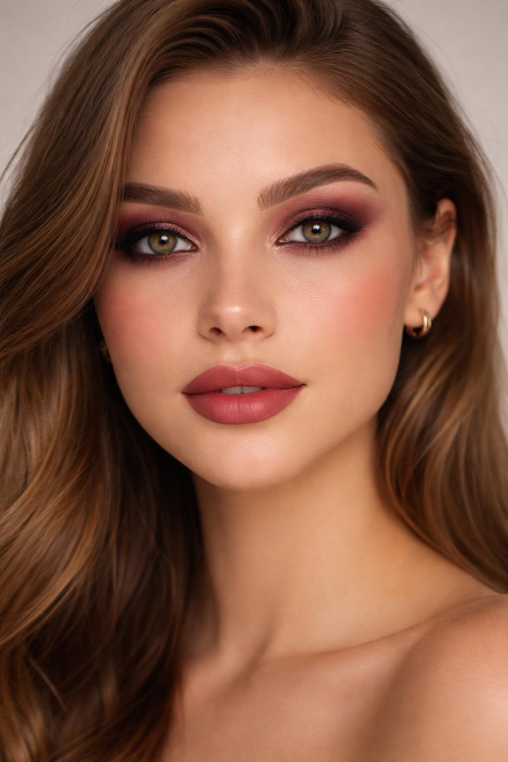 Super realistic close-up beauty portrait of a woman wearing burgundy smoky eyes with plum depth, softly smudged dark liner, muted rose blush, deep rose cream lips, and full blended lashes, shot from a front-facing portrait, with soft studio lighting that clearly reveals the makeup texture and color, realistic skin texture, softly styled hair, minimal background, feminine modern beauty photography, latest iPhone photo quality.