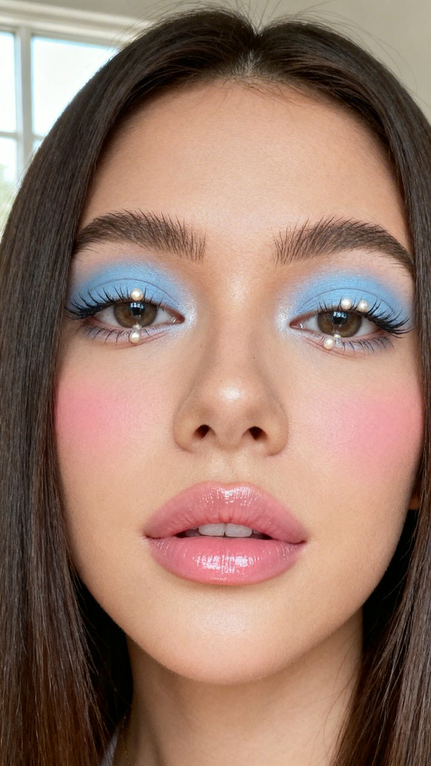 Super realistic close-up beauty portrait of a woman wearing pastel blue matte eyeshadow with bright pearl inner corners, clean lifted lashes, bright under-eye area, cool pink blush, sheer nude pink glossy lips, and neat feathered brows, shot from a front-facing portrait, with soft natural window light that clearly reveals the eye brightness and skin finish, realistic skin texture, softly styled straight hair, minimal neutral background, feminine modern beauty photography, latest iPhone photo quality (no watermarks on images).