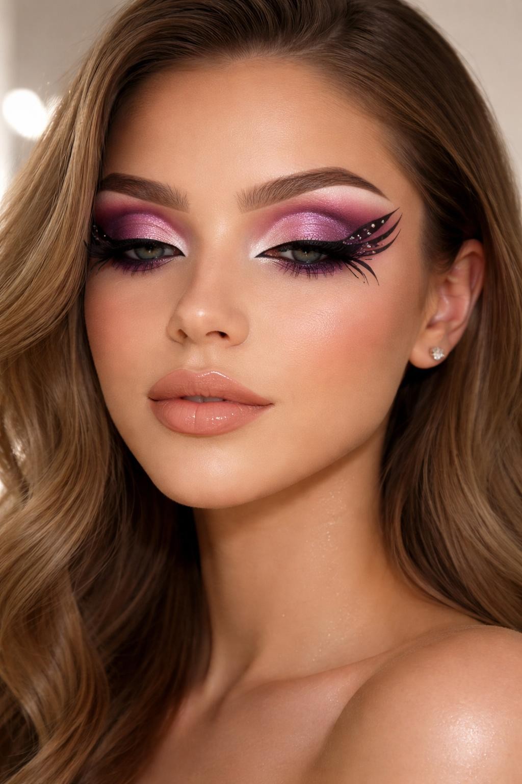 Super realistic close-up beauty portrait of a woman wearing pink and purple butterfly cut crease makeup with soft carved lid, plum outer corners, black butterfly liner details, wispy lashes, smooth satin skin, beige nude lips, and shaped brows, shot from a front-facing portrait, with soft vanity lighting that clearly reveals the makeup texture and color, realistic skin texture, softly styled hair, minimal background, feminine modern beauty photography, latest iPhone photo quality.