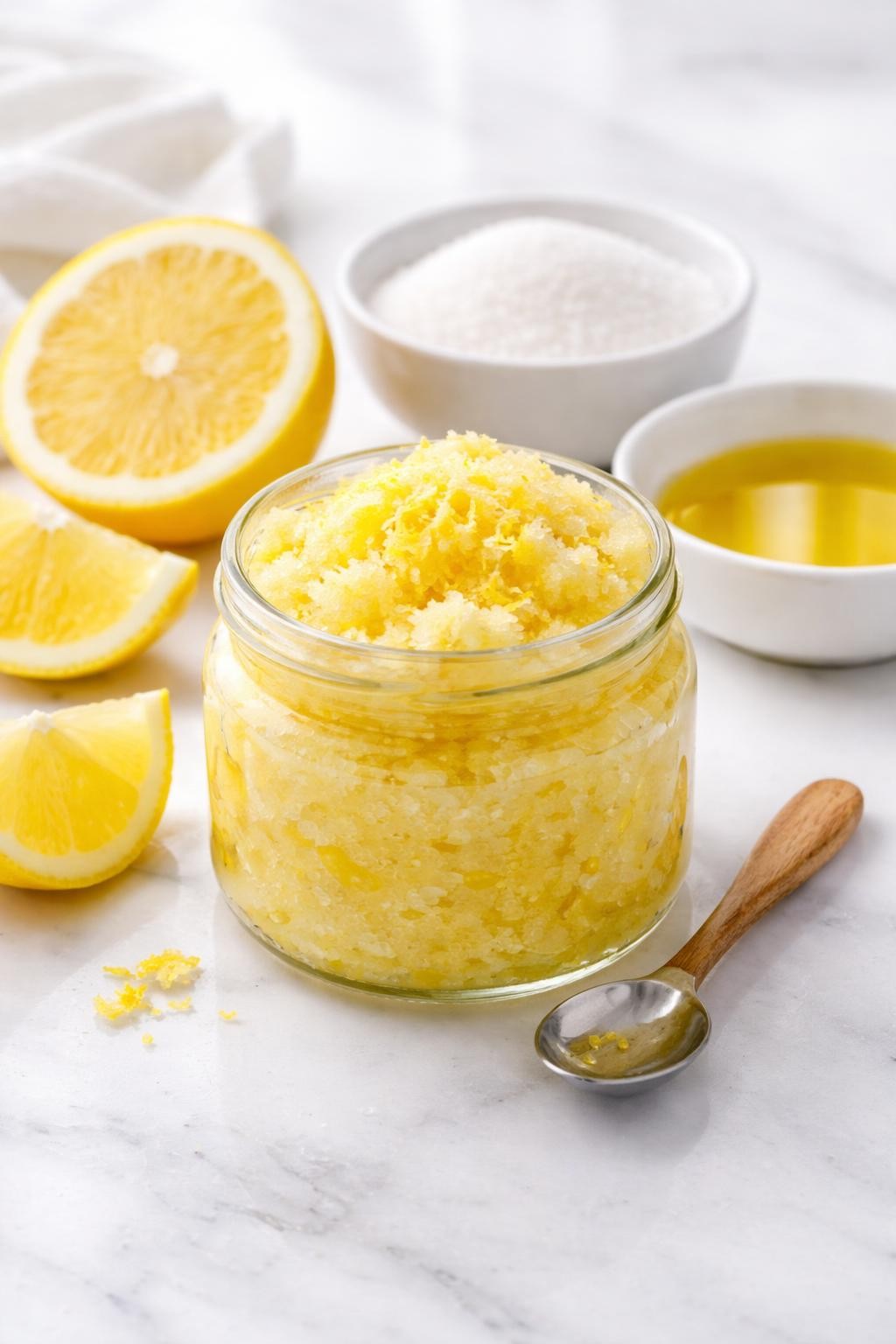 A realistic close-up photo of a small glass jar filled with lemon sugar body scrub on a clean white marble countertop table. A sliced lemon, a bowl of white sugar, a dish of olive oil, and a spoon are placed neatly around the jar. Bright natural light, crisp detail, realistic texture, clean minimal setup, strong focus on the fresh scrub texture and citrus details, no people, no text, (no watermarks on images)