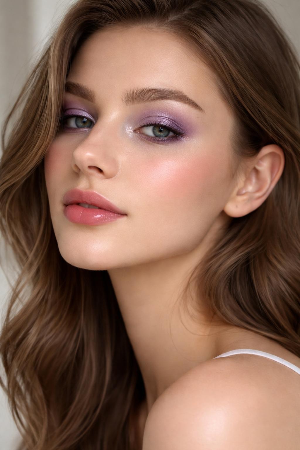 Super realistic close-up beauty portrait of a woman wearing cool purple eyeshadow blended over the lids with pale silver inner corner highlight, soft brown mascara, clean lightly radiant skin, soft rose blush, cool pink tinted lips, and feathered brows, shot from a three-quarter face angle, with diffused window light that clearly reveals the cool-toned eye colors and natural skin finish, realistic skin texture, softly styled hair, minimal neutral background, feminine modern beauty photography, latest iPhone photo quality (no watermarks on images).