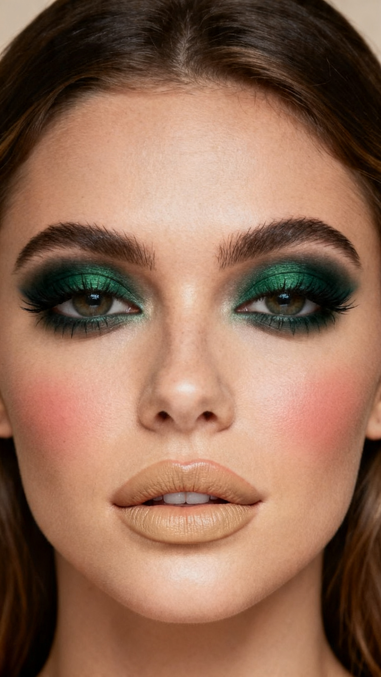 Super realistic close-up beauty portrait of a woman wearing emerald smoky eyes with deep forest blending, softly smudged dark green liner, warm nude blush, beige nude satin lips, and full lashes, shot from a front-facing portrait, with soft studio lighting that clearly reveals the makeup texture and color, realistic skin texture, softly styled hair, minimal background, feminine modern beauty photography, latest iPhone photo quality.