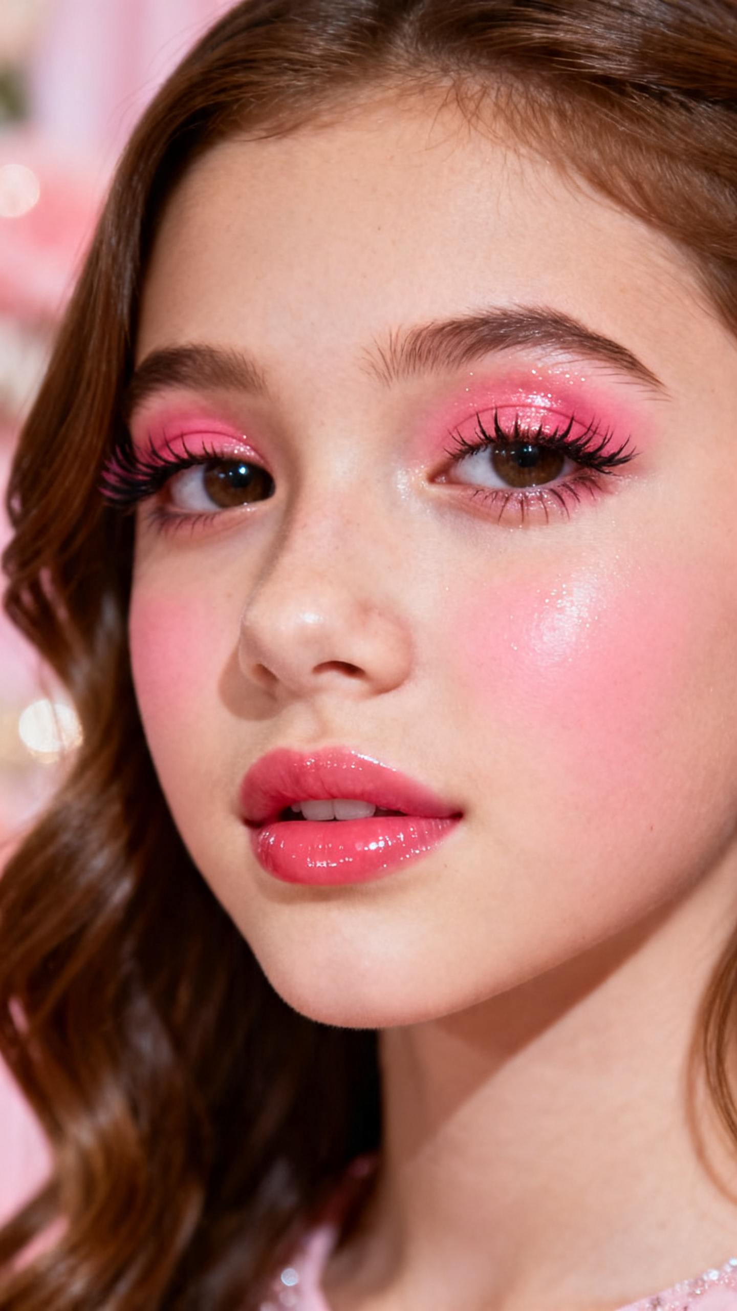 Super realistic close-up beauty portrait of a teenage woman with brown eyes wearing cute prom makeup, featuring glossy rosy pink eyelids with a soft wet sheen, fluttery feathered lashes, bright rose-pink blush placed high on the cheeks, soft clear glow highlight, rosy nude glossy lips, neatly shaped brows, realistic skin texture with a fresh dewy finish, shot from a three-quarter close-up angle, with soft flash-friendly lighting that clearly reveals the glossy eyelids, blush placement, and shiny lips, smooth face-framing waves, blurred blush-toned prom backdrop, feminine modern beauty photography, latest iPhone photo quality.