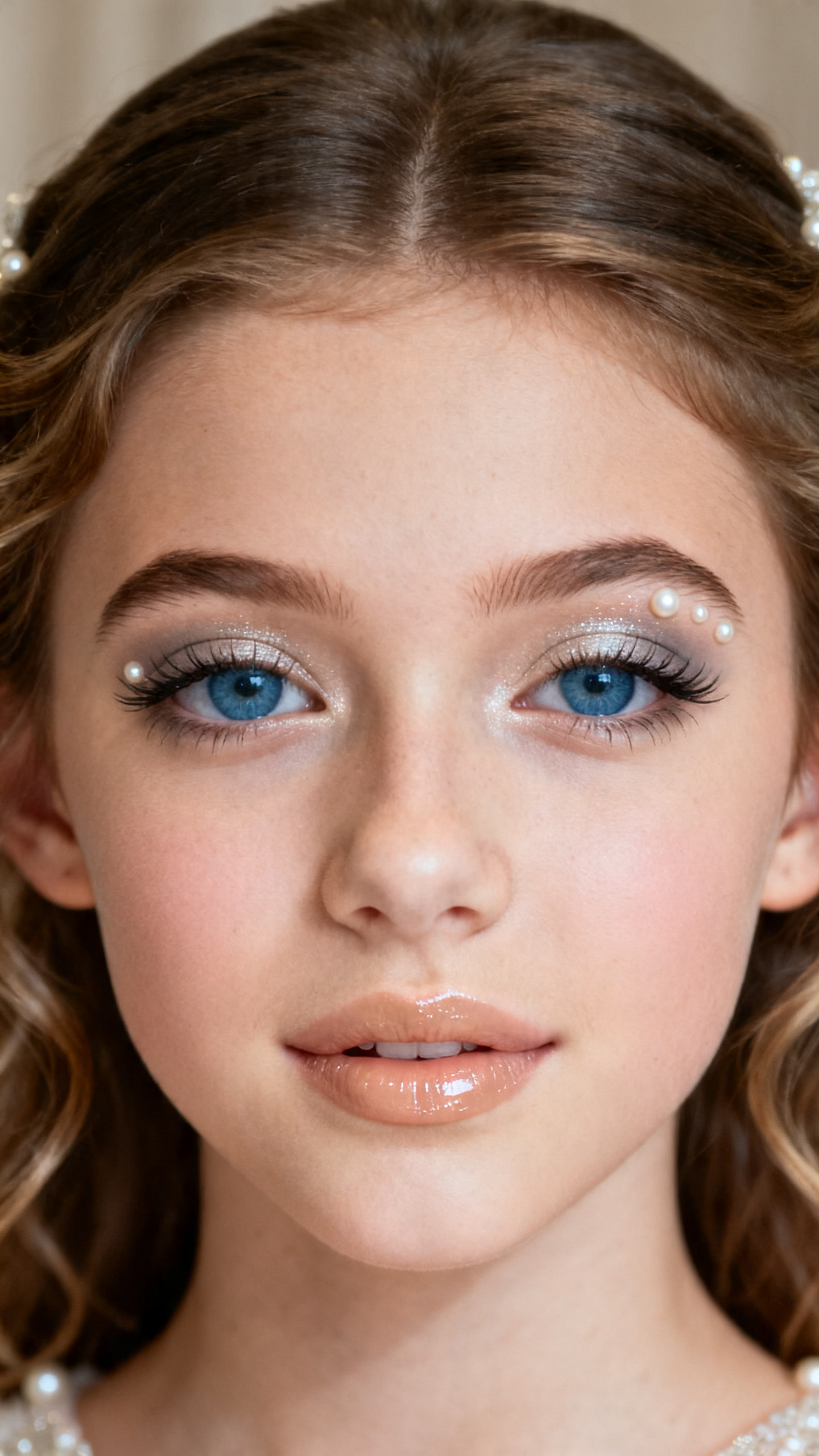 Super realistic close-up beauty portrait of a teenage woman with blue eyes wearing lovely prom makeup, featuring pearl shimmer lids, light taupe crease blending, bright pearl inner-corner highlights, lengthened lifted lashes, soft beige-rose blush, beige pink glossy lips, polished brows, realistic skin texture with a smooth luminous finish, shot from a front-facing beauty portrait, with soft elegant lighting that clearly reveals the pearl shine, blue eye clarity, and glossy lip finish, soft romantic waves, blurred refined neutral prom background, feminine modern beauty photography, latest iPhone photo quality.