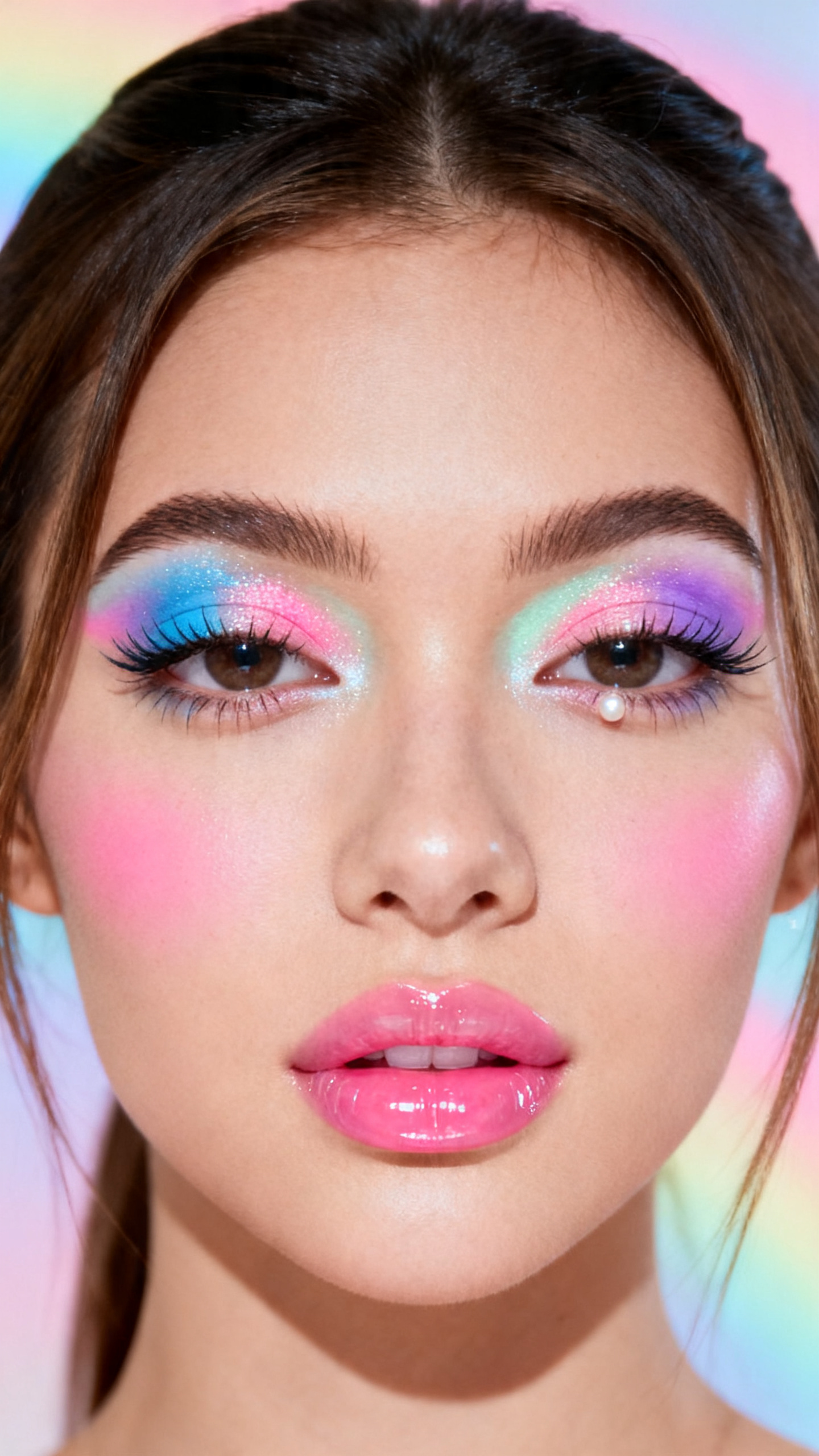 Super realistic close-up beauty portrait of a woman wearing playful Y2K rainbow shimmer eyeshadow blended across the lids in soft pastel blue, pink, lavender, and mint, icy pearl inner-corner and cheek highlight, bright cool pink blush, clear pink glossy lips, separated fluttery lashes, slim arched brows, realistic luminous skin texture, shot from a front-facing beauty portrait, with bright diffused vanity lighting that clearly reveals each pastel shimmer tone, juicy gloss shine, and skin texture, sleek half-up hair, softly blurred pastel rainbow background, feminine modern beauty photography, latest iPhone photo quality.