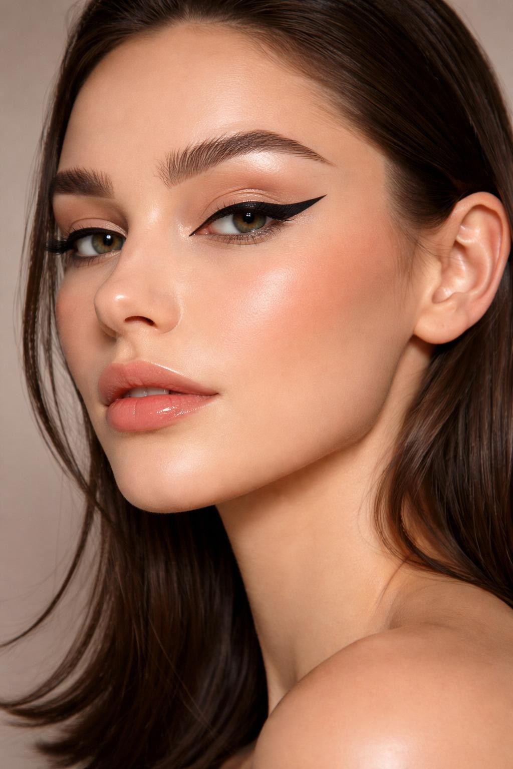 Super realistic close-up beauty portrait of a woman wearing sharp black winged eyeliner, clean eyelids, satin skin, lifted peach blush placement, peachy nude glossy lips, and brushed-up brows, shot from a three-quarter view, with diffused beauty studio lighting that clearly reveals the makeup texture and color, realistic skin texture, sleek hair framing the face, minimal background, feminine modern beauty photography, latest iPhone photo quality.