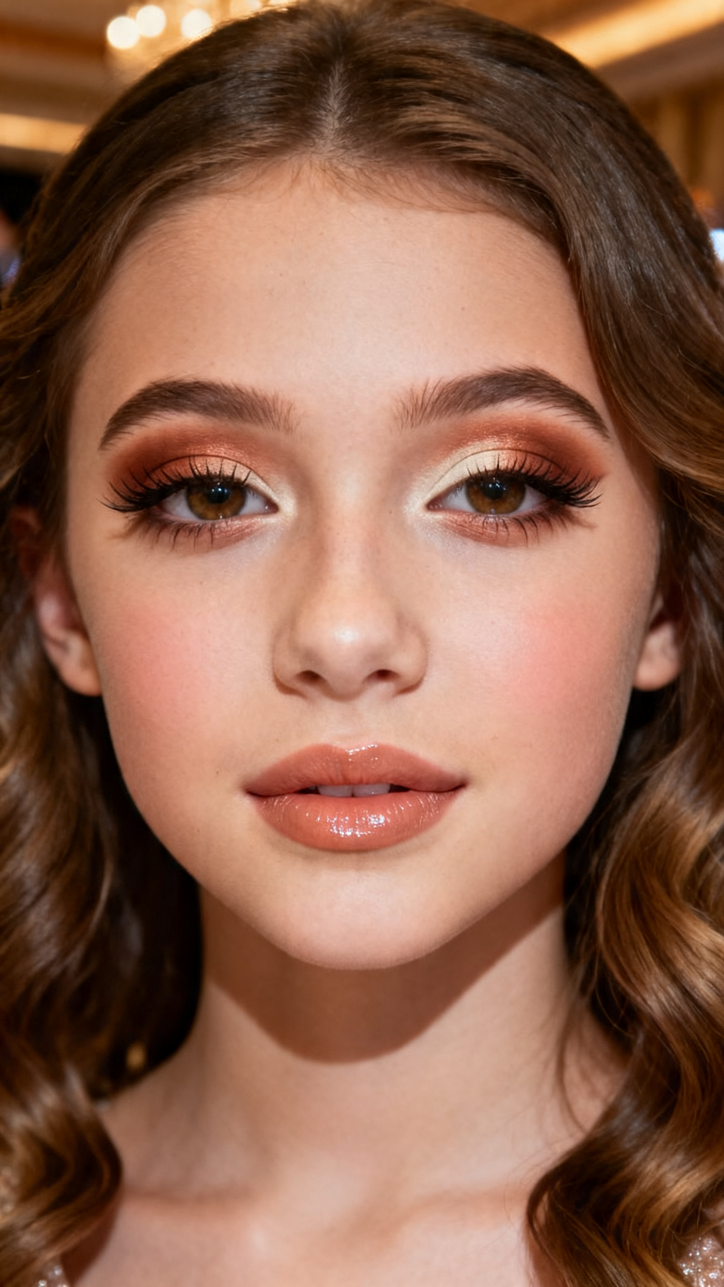Super realistic close-up beauty portrait of a teen girl wearing classy soft glam prom makeup, featuring cinnamon and warm-brown eye shaping through the crease and outer corners, lighter cream lids, soft cocoa lash-line definition, wispy lashes, warm rose-tan blush, nude beige-pink glossy lips, polished brows, realistic skin texture with a smooth warm satin finish, shot from a front-facing beauty portrait, with refined diffused prom lighting that clearly reveals the warm eye tones, lashes, and gloss, soft blowout curls, blurred elegant warm-neutral venue background, feminine modern beauty photography, latest iPhone photo quality.