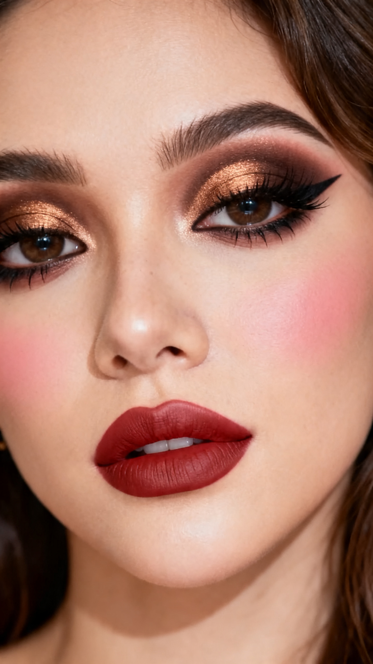 Super realistic close-up beauty portrait of a woman wearing espresso halo pirate eye makeup with bronze center-lid glow, dark espresso liner, warm rose blush, soft brick red cream lips, and thick lashes, shot from a front-facing portrait, with soft vanity lighting that clearly reveals the makeup texture and color, realistic skin texture, softly styled hair, minimal background, feminine modern beauty photography, latest iPhone photo quality.