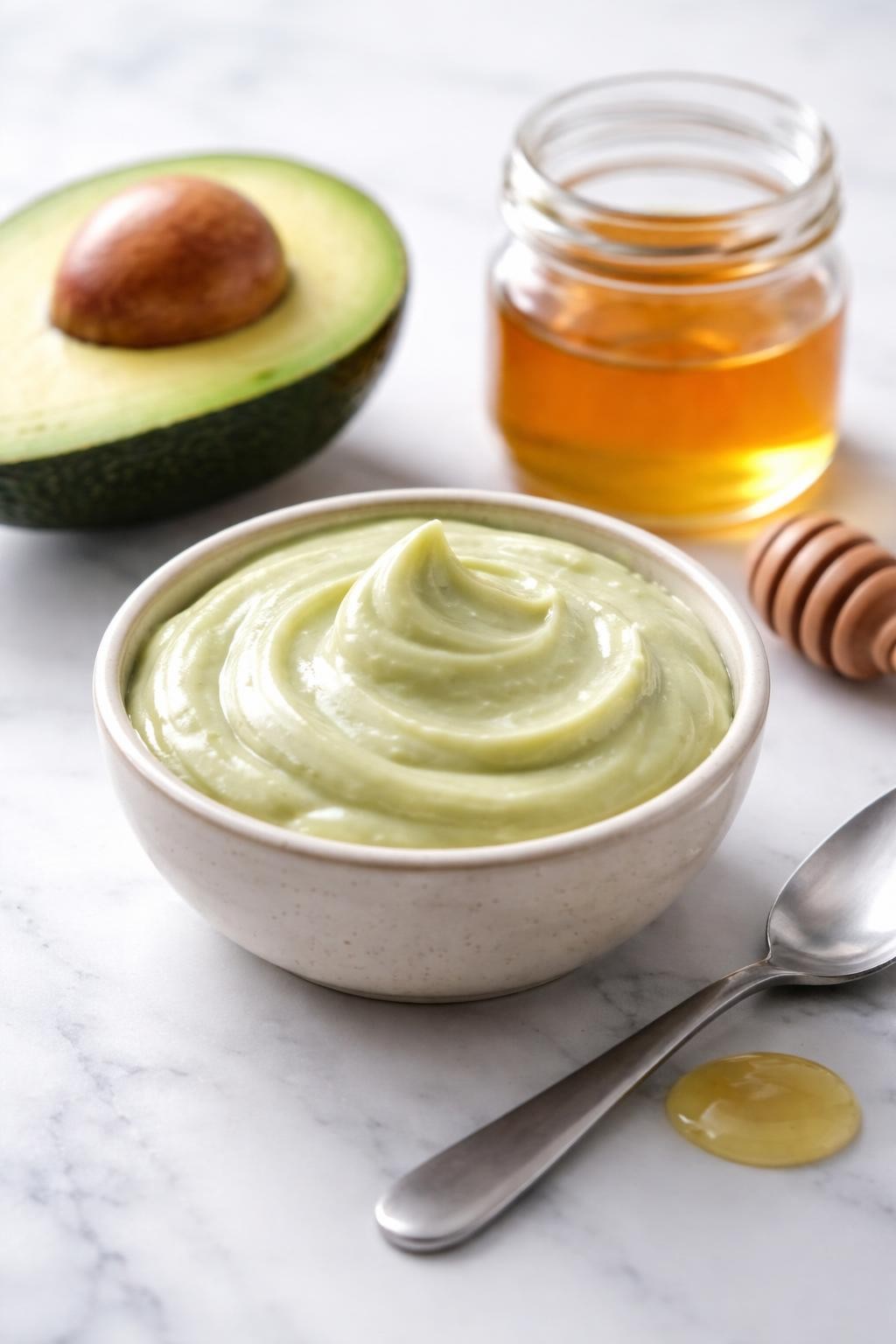 A realistic close-up photo of a small ceramic bowl filled with creamy avocado honey face mask on a clean white marble countertop. Half an avocado, a small jar of honey, and a spoon are placed neatly around the bowl. Bright cool-toned natural light, crisp detail, realistic texture, clean minimal setup, strong focus on the rich creamy mask texture, no people, no text, (no watermarks on images)