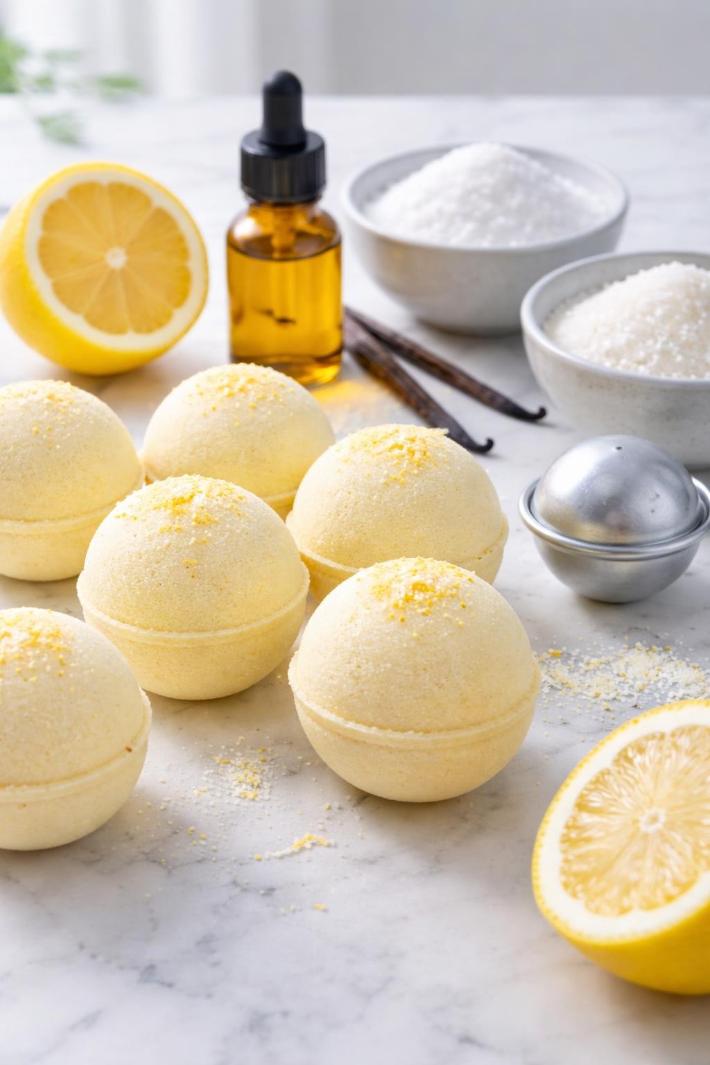 A realistic close-up photo of round lemon vanilla bath bombs with a soft creamy yellow color on a clean white marble countertop. A cut lemon, a small bottle of vanilla fragrance oil, bowls of baking soda and citric acid, and a metal bath bomb mold are arranged neatly around the bath bombs. Bright cool-toned natural light, crisp detail, realistic texture, clean minimal setup, strong focus on the finished bath bombs, no people, no text, (no watermarks on images)