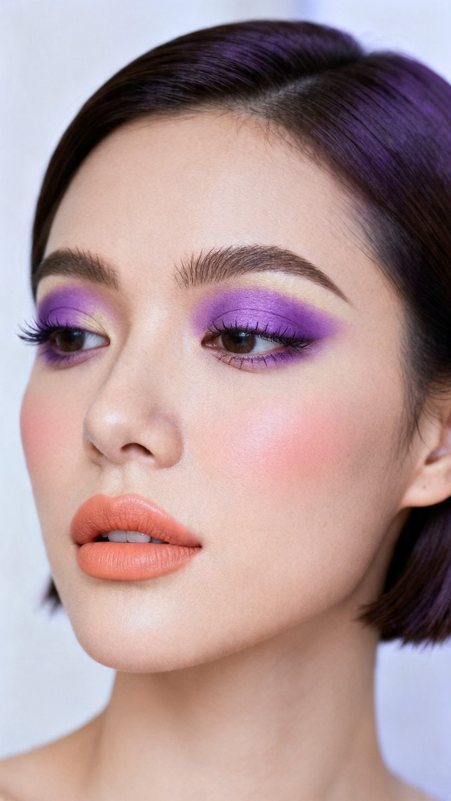 Super realistic close-up beauty portrait of a woman wearing orchid purple eyeshadow softly blended with muted beige edges, satin peach blush on the cheeks, satin peachy nude lips, clean separated lashes, and softly brushed brows, shot from a three-quarter view, with diffused natural light that clearly reveals the cool purple tones and believable skin finish, realistic skin texture, short sleek hair, minimal soft background, feminine modern beauty photography, latest iPhone photo quality (no watermarks on images).