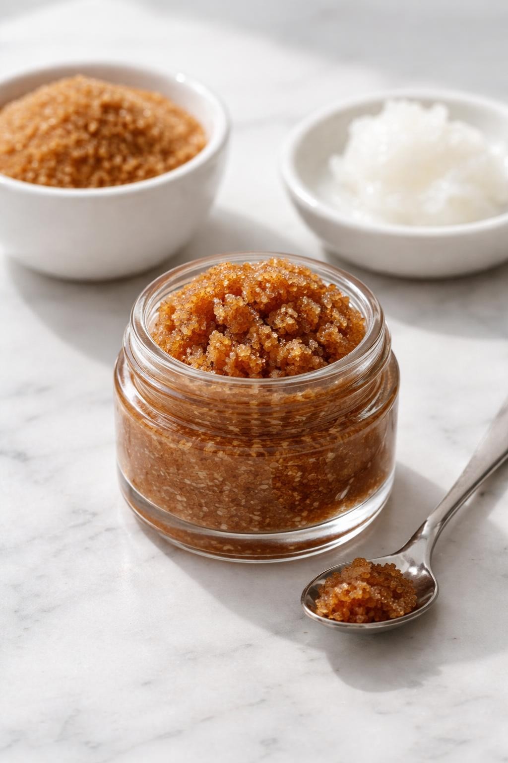 A realistic close-up photo of a tiny glass jar filled with brown sugar lip scrub on a clean white marble countertop table. A small spoon, a bowl of brown sugar, and a small dish of coconut oil are placed neatly around the jar. Bright natural light, crisp detail, realistic texture, clean minimal setup, strong focus on the grainy scrub texture, no people, no text, (no watermarks on images)