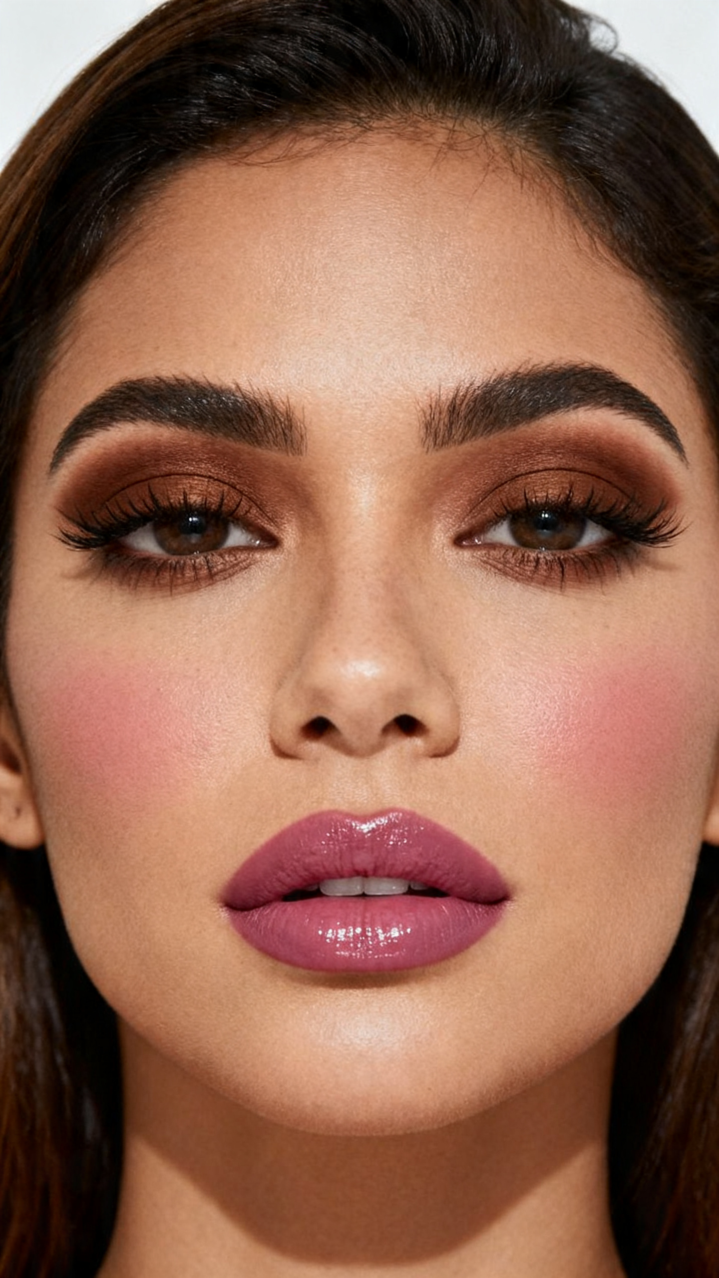 Super realistic close-up beauty portrait of a latina woman wearing matte brown eye makeup with cocoa depth, softly smudged brown liner, mauve rose blush, glossy mauve pink lips, and thick lashes, shot from a front-facing portrait, with soft vanity lighting that clearly reveals the makeup texture and color, realistic skin texture, softly styled hair, minimal background, feminine modern beauty photography, latest iPhone photo quality.