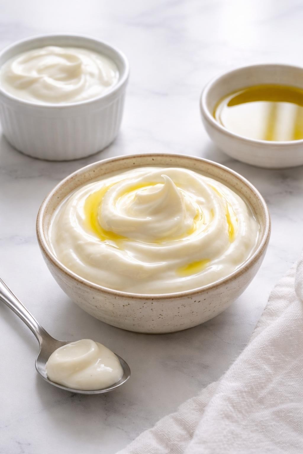 A realistic close-up photo of a small ceramic bowl filled with yogurt olive oil hair mask on a clean white marble countertop table. A spoonful of plain yogurt, a small dish of olive oil, and a spoon are placed neatly around the bowl. Bright natural light, crisp detail, realistic texture, clean minimal setup, strong focus on the creamy hair mask texture, no people, no text, (no watermarks on images)