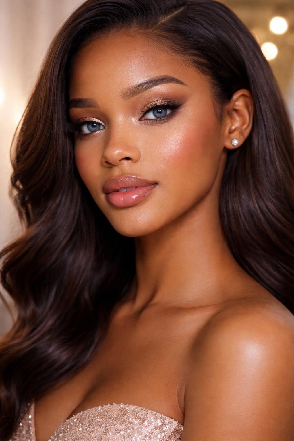 IMAGE_PROMPT: Super realistic close-up beauty portrait of a black young woman with blue eyes wearing lovely prom makeup, featuring champagne shimmer eyeshadow over smooth beige lids, soft taupe crease shaping, bright inner-corner highlight, long lifted lashes, muted rose blush, soft mauve satin lips, polished brows, realistic skin texture with a luminous satin finish, shot from a three-quarter beauty angle, with elegant diffused lighting that clearly reveals the shimmer, blue eye brightness, and satin lips, smooth soft waves, softly blurred formal evening background, feminine modern beauty photography, latest iPhone photo quality.