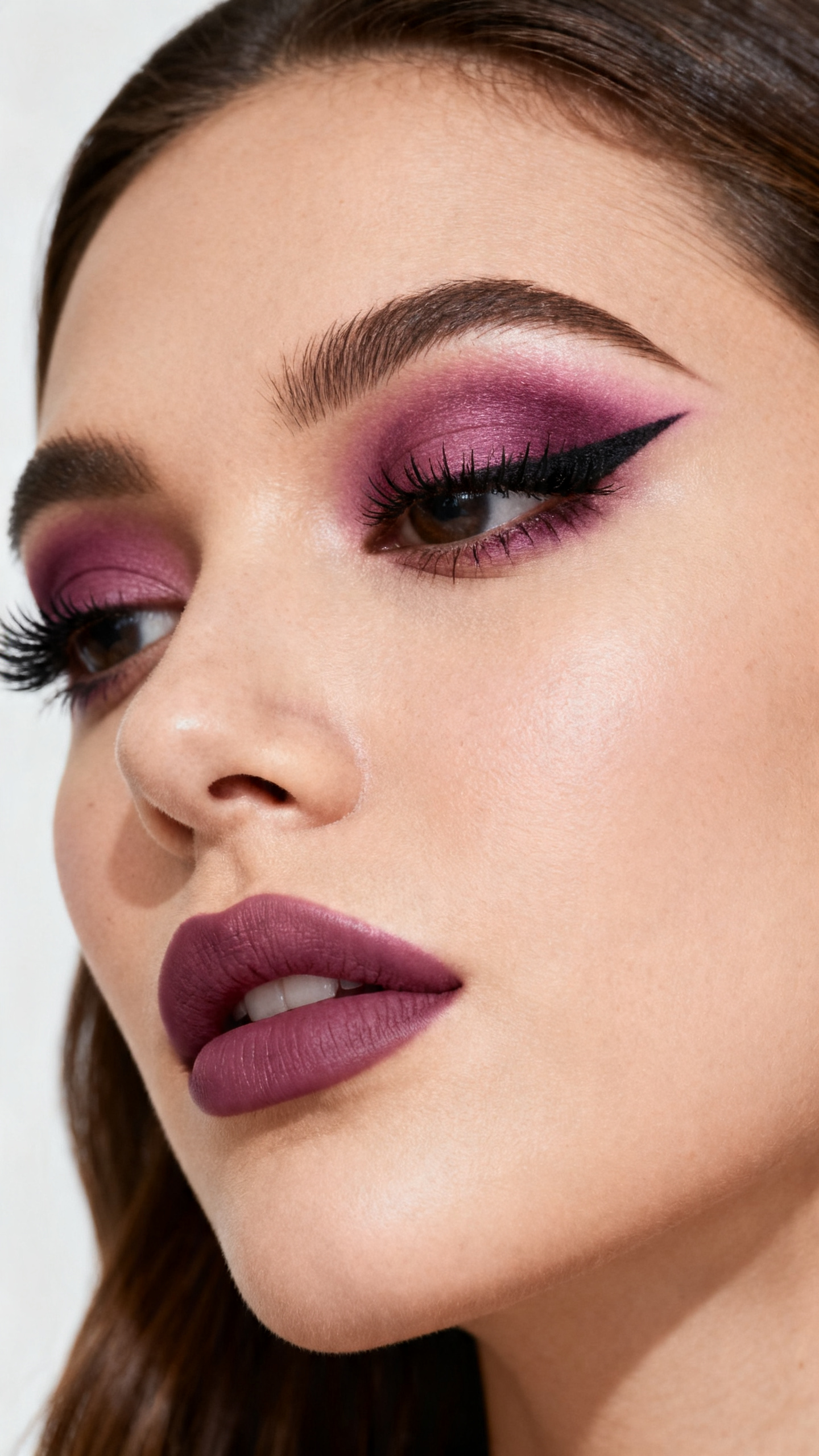 Super realistic close-up beauty portrait of a woman wearing plum winged eyeshadow with mauve blending, black plum lash definition, smooth satin skin, muted mauve lips, and softly shaped brows, shot from a three-quarter view, with diffused beauty studio lighting that clearly reveals the makeup texture and color, realistic skin texture, softly styled hair, minimal background, feminine modern beauty photography, latest iPhone photo quality.