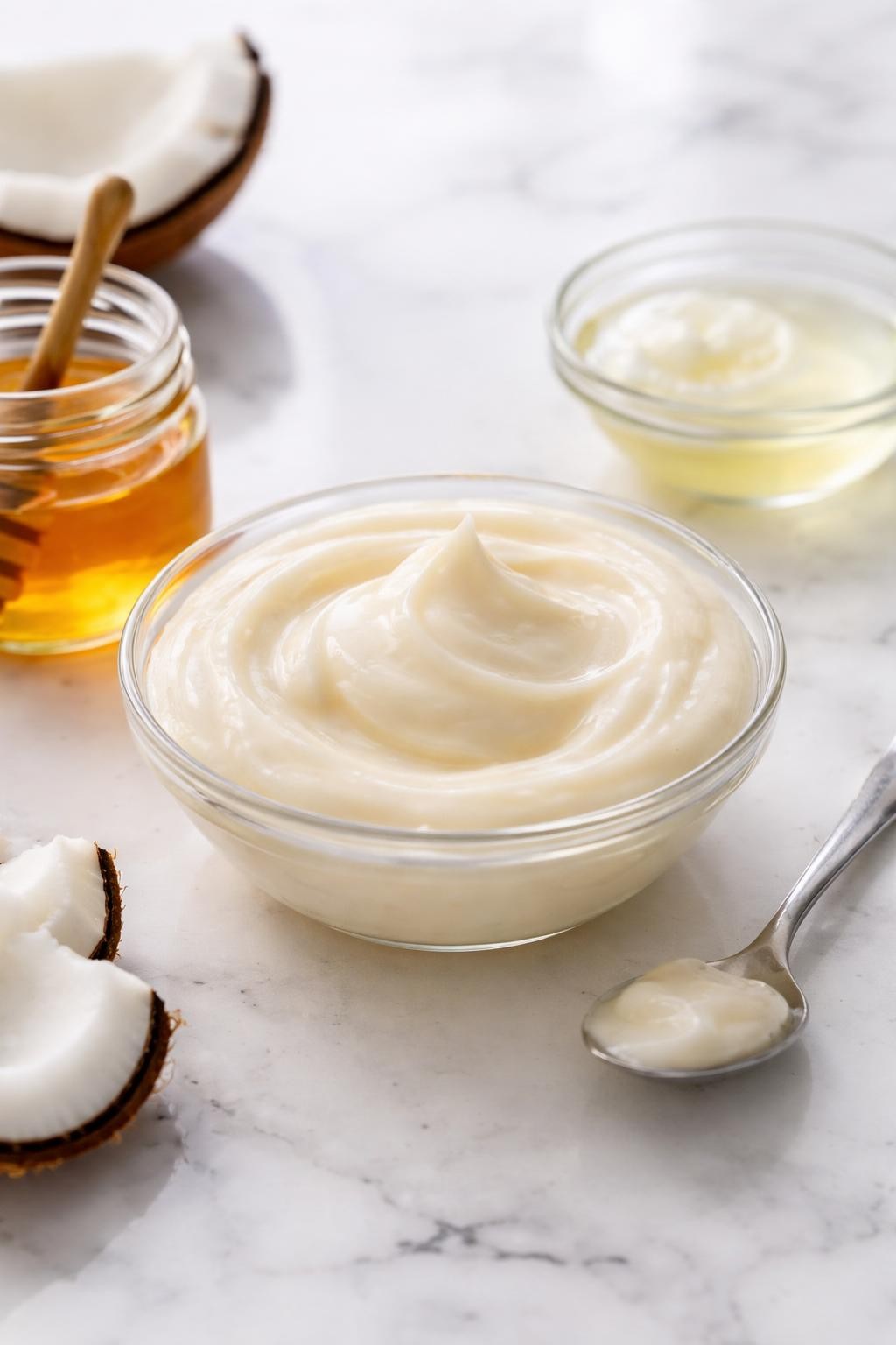 A realistic close-up photo of a small glass bowl filled with coconut oil honey hair conditioner on a clean white marble countertop table. A small jar of honey, a dish of melted coconut oil, and a spoon are arranged neatly around the bowl. Bright natural light, crisp detail, realistic texture, clean minimal setup, strong focus on the smooth creamy conditioner mixture, no people, no text, (no watermarks on images)