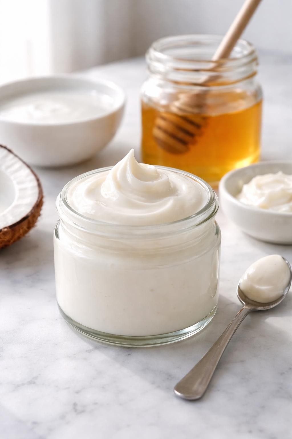 A realistic close-up photo of a small glass jar filled with creamy coconut milk honey hair conditioner on a clean white marble countertop table. A small bowl of coconut milk, a jar of honey, a spoon, and a small dish of conditioner base are placed neatly around the jar. Bright natural light, crisp detail, realistic texture, clean minimal setup, strong focus on the creamy conditioner texture and jar, no people, no text, (no watermarks on images)