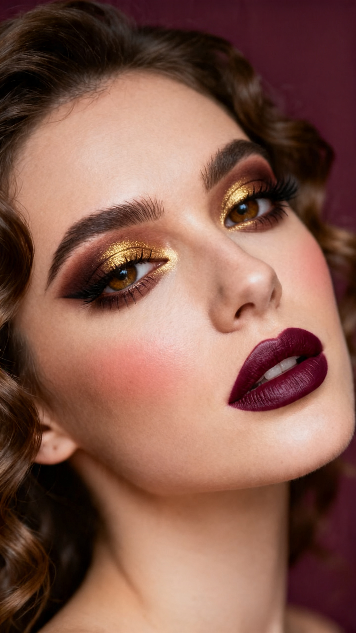 Super realistic close-up beauty portrait of a woman wearing antique gold and brown smoky eyes with deep espresso outer-corner shading, dark brown liner, full lifted lashes, warm cinnamon-rose blush, a rich deep wine satin lipstick, defined brows, realistic skin texture with a soft warm glow, shot from a three-quarter portrait angle, with elegant diffused studio lighting that clearly reveals the deep wine lip tone, gold-brown eye detail, and satin skin finish, softly curled hair, blurred deep plum background, feminine modern beauty photography, latest iPhone photo quality.