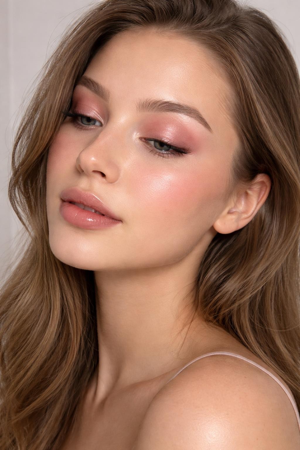 Super realistic close-up beauty portrait of a woman wearing soft pink eyeshadow washed over the lids, fresh glowing skin, light cool pink blush, sheer nude pink glossy lips, softly brushed brows, and natural lifted lashes, shot from a three-quarter view, with diffused beauty studio lighting that clearly reveals the makeup texture and color, realistic skin texture, softly styled hair, minimal background, feminine modern beauty photography, latest iPhone photo quality.