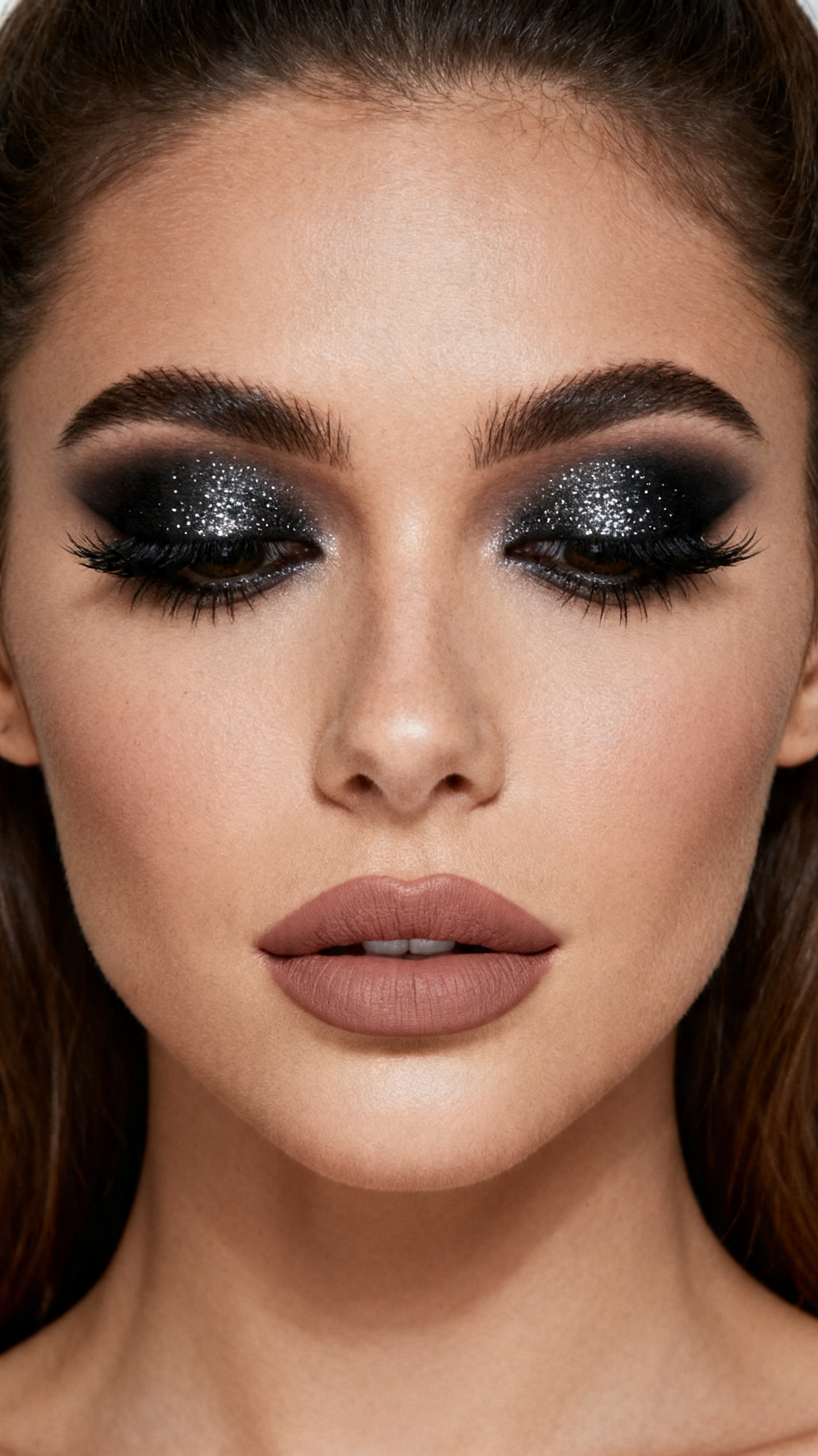 Super realistic close-up beauty portrait of a woman wearing black glitter smoky eyes with soft charcoal blending, full false lashes, soft matte skin, muted nude matte lips, and defined brows, shot from a front-facing portrait, with soft studio lighting that clearly reveals the makeup texture and color, realistic skin texture, softly styled hair, minimal background, feminine modern beauty photography, latest iPhone photo quality.