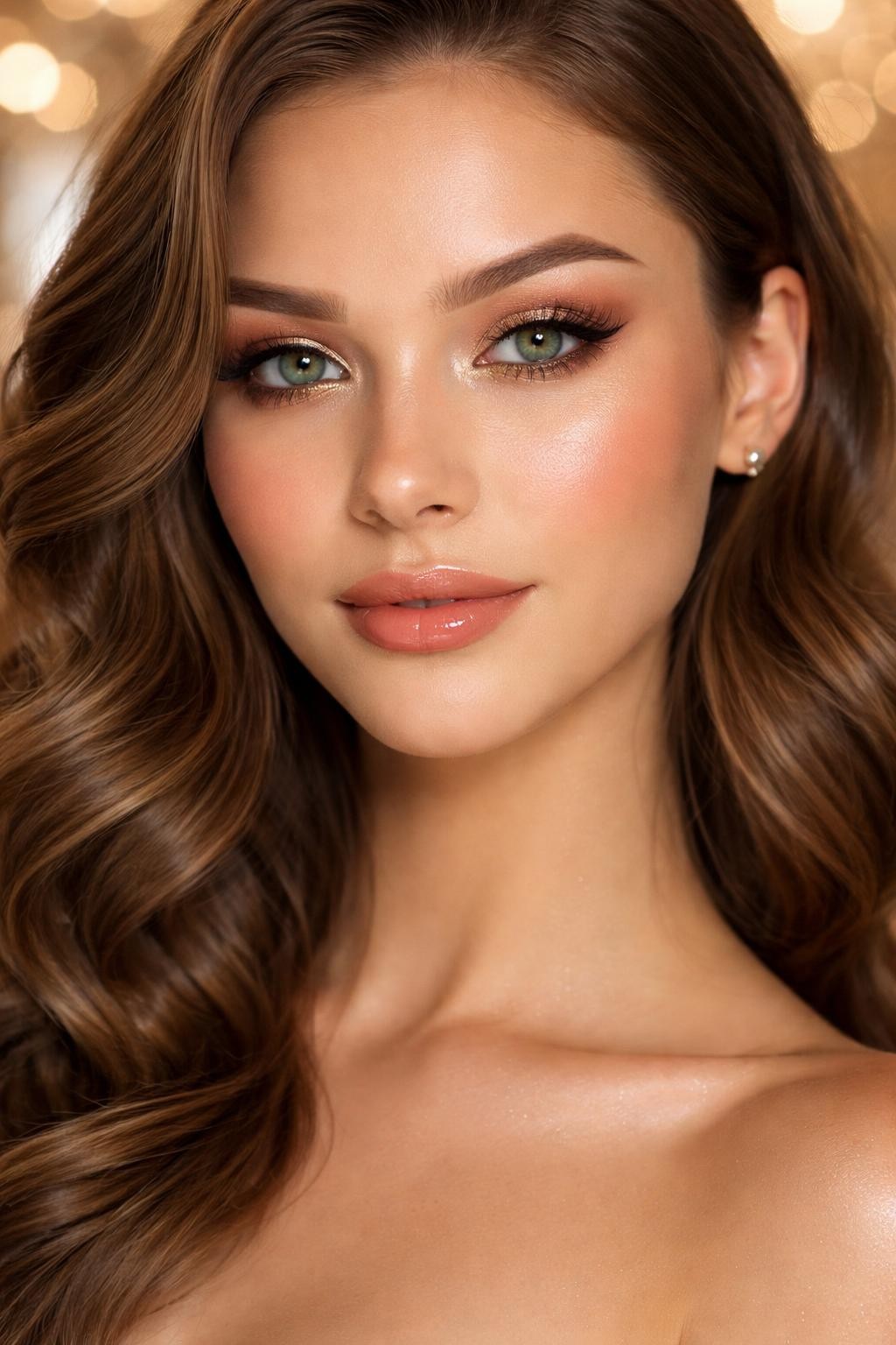 IMAGE_PROMPT: Super realistic close-up beauty portrait of a young woman with clear green eyes wearing cute prom makeup, featuring champagne shimmer across the lids, warm beige and peach-tan crease blending, lifted separated lashes, peachy pink blush, champagne-pearl highlight on the cheekbones, soft peach nude glossy lips, polished brows, realistic skin texture with a warm radiant satin finish, shot from a front-facing beauty portrait, with elegant diffused prom lighting that clearly reveals the champagne eye glow, green eyes, and glossy lips, smooth face-framing curls, blurred ballroom-inspired background, feminine modern beauty photography, latest iPhone photo quality.