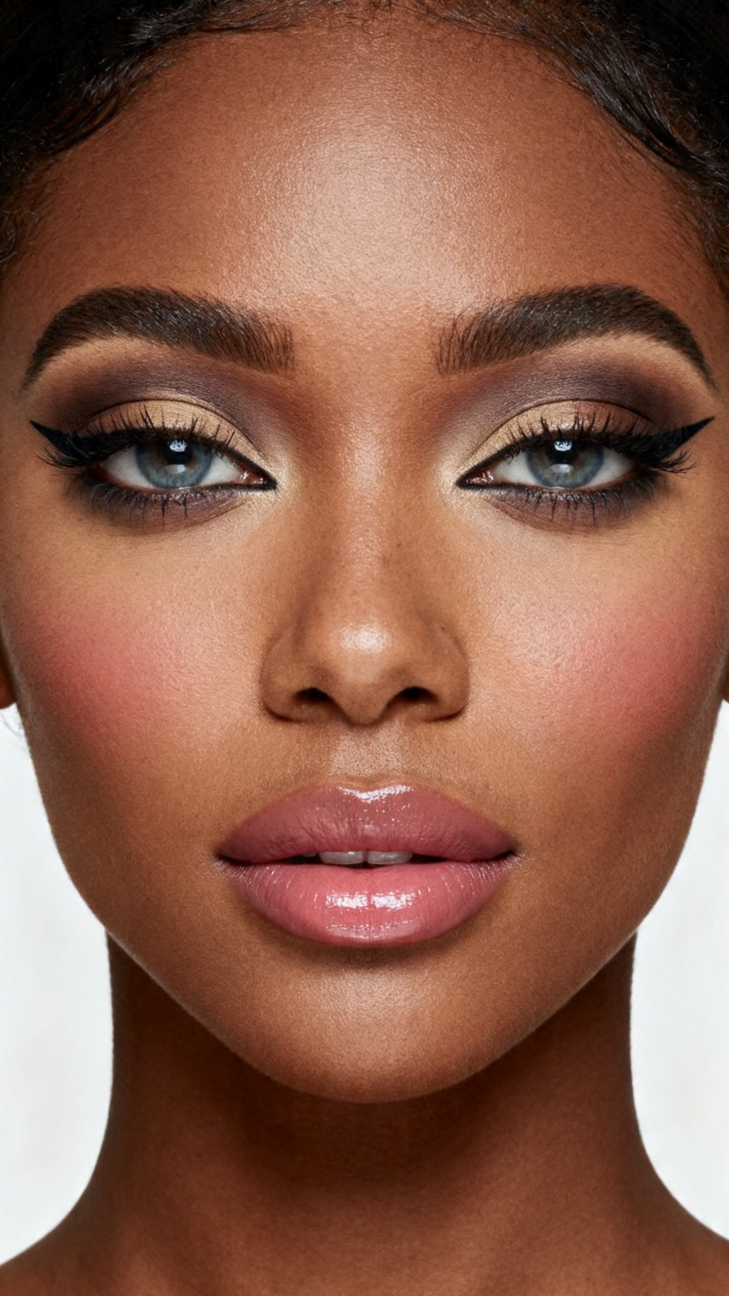 Super realistic close-up beauty portrait of a black woman wearing soft taupe pirate smoky eyes with black waterline liner, cool brown blended lids, neutral beige rose blush, muted pink nude glossy lips, and lifted lashes, shot from a front-facing portrait, with soft studio lighting that clearly reveals the makeup texture and color, realistic skin texture, softly styled hair, minimal background, feminine modern beauty photography, latest iPhone photo quality.