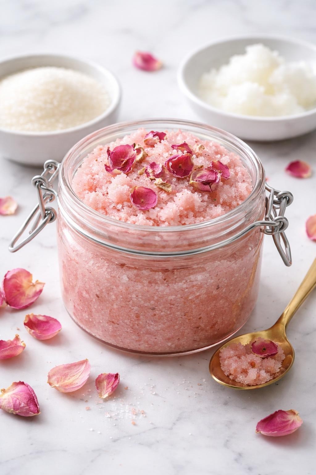 A realistic close-up photo of a glass jar filled with rose sugar body scrub on a clean white marble countertop table. Dried rose petals, a bowl of sugar, a dish of coconut oil, and a spoon are placed neatly around the jar. Bright natural light, crisp detail, realistic texture, clean minimal setup, strong focus on the soft pink scrub texture and floral details, no people, no text, (no watermarks on images)