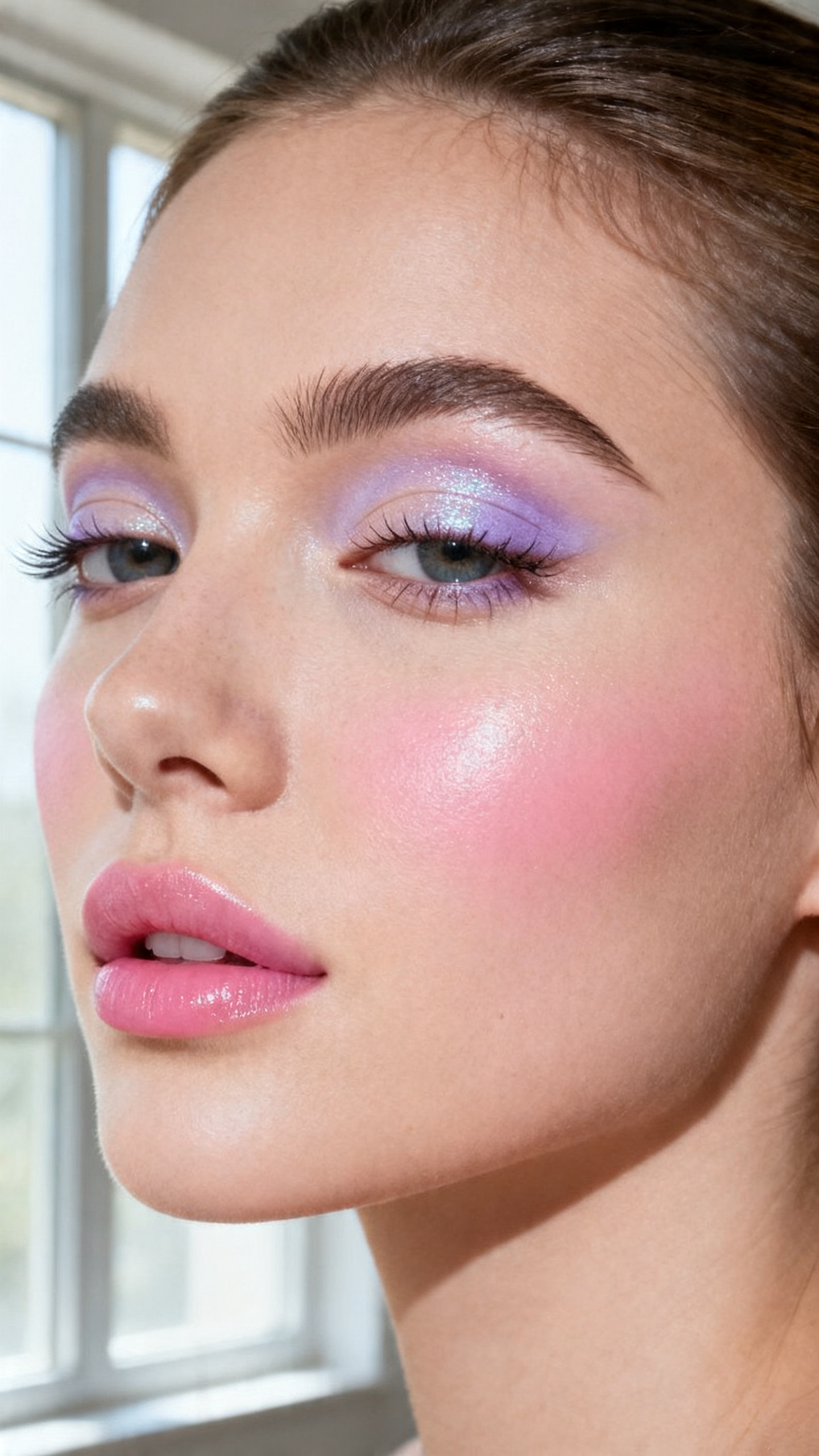 Super realistic close-up beauty portrait of a woman wearing soft nude lids with icy lavender shimmer inner corners, fresh dewy complexion, cool pink blush high on the cheeks, sheer pink lips, brushed natural brows, and subtle lifted lashes, shot from a three-quarter face angle, with soft natural window light that clearly reveals the shimmer and skin glow, realistic skin texture, softly pulled-back hair, minimal background, feminine modern beauty photography, latest iPhone photo quality (no watermarks on images).