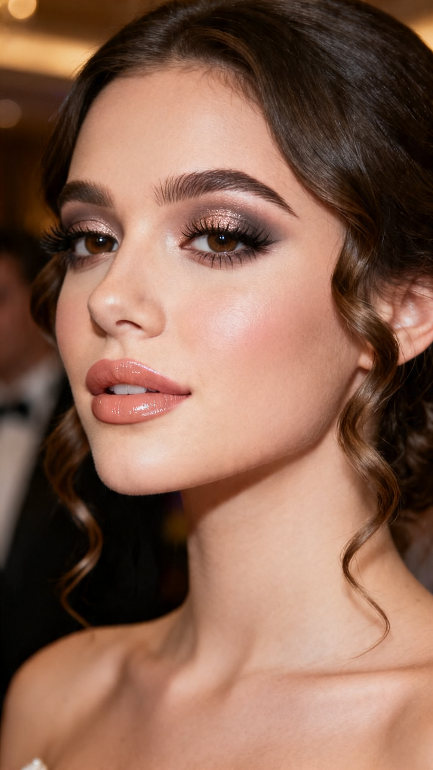 Super realistic close-up beauty portrait of a young woman wearing classy soft glam prom makeup, featuring soft taupe smoky eyes with diffused brown outer corners, muted lid shimmer, cocoa-brown lash-line definition, softly full lashes, muted nude-rose blush, warm nude beige glossy lips, polished natural brows, realistic skin texture with a smooth satin finish, shot from a three-quarter portrait angle, with elegant diffused studio lighting that clearly reveals the soft smoke, shimmer, and glossy lips, side-parted soft curls, blurred formal evening background, feminine modern beauty photography, latest iPhone photo quality.