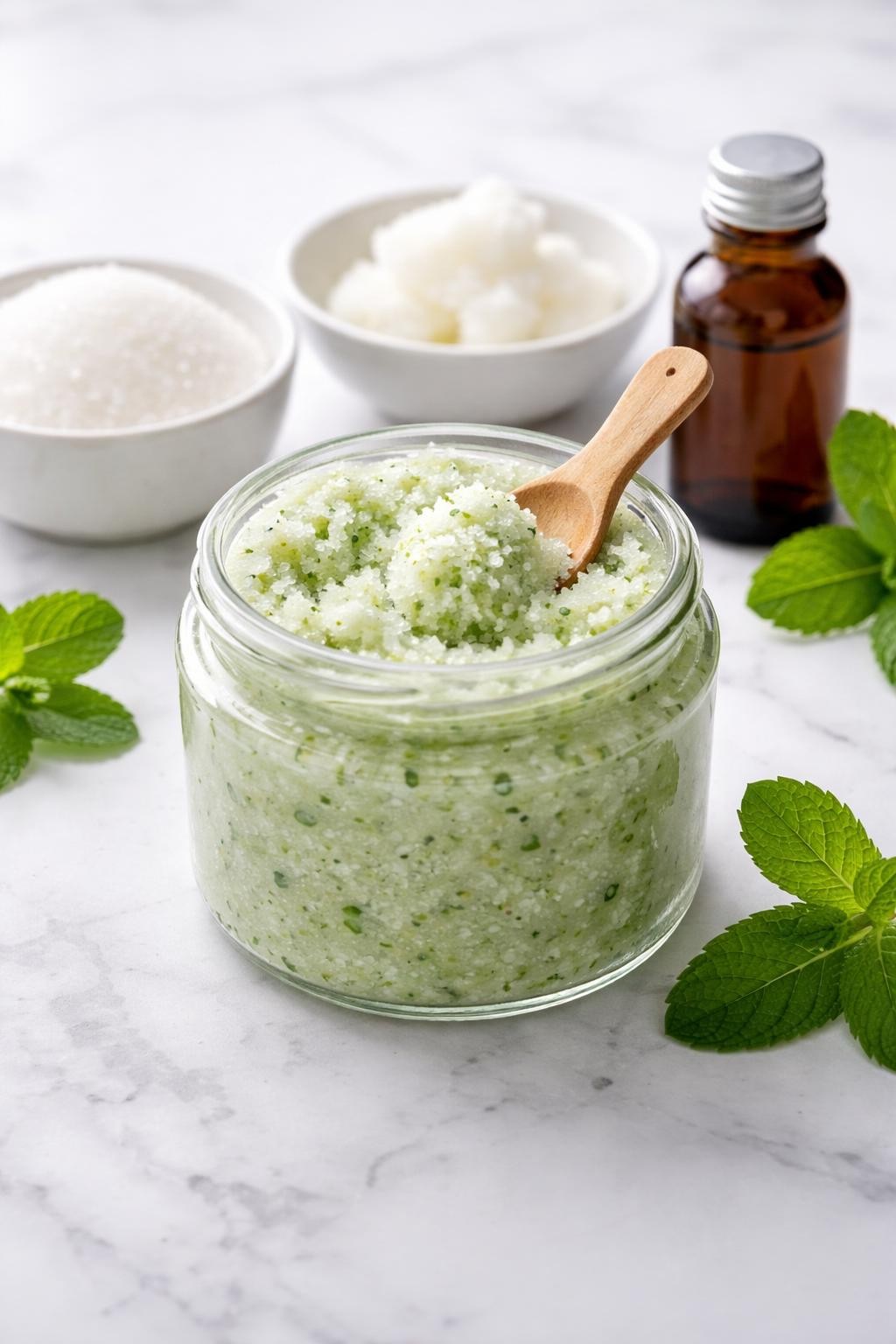 A realistic close-up photo of a glass jar filled with peppermint sugar scrub on a clean white marble countertop. A small bowl of sugar, a dish of coconut oil, a few mint leaves, and a small bottle of peppermint extract are placed neatly around the jar. Bright cool-toned natural light, crisp detail, realistic texture, clean minimal setup, strong focus on the scrub texture and fresh details, no people, no text, (no watermarks on images)