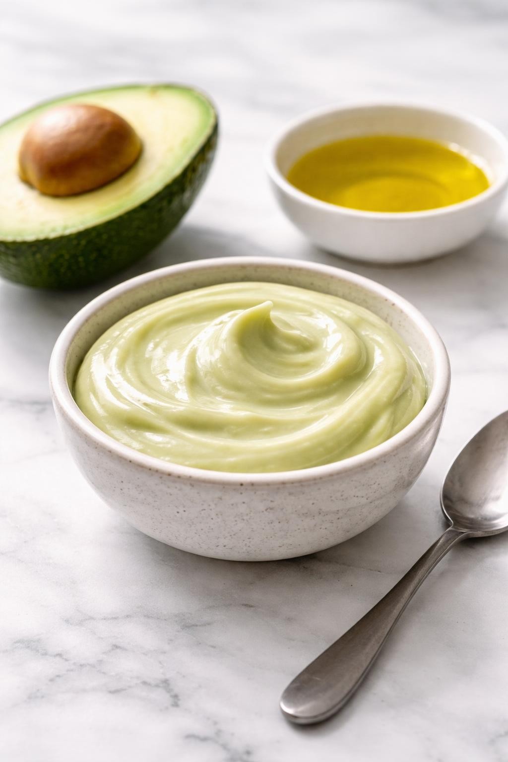 A realistic close-up photo of a small ceramic bowl filled with creamy avocado olive oil hair conditioner on a clean white marble countertop table. Half an avocado, a small dish of olive oil, and a spoon are placed neatly around the bowl. Bright natural light, crisp detail, realistic texture, clean minimal setup, strong focus on the rich creamy conditioner texture, no people, no text, (no watermarks on images)